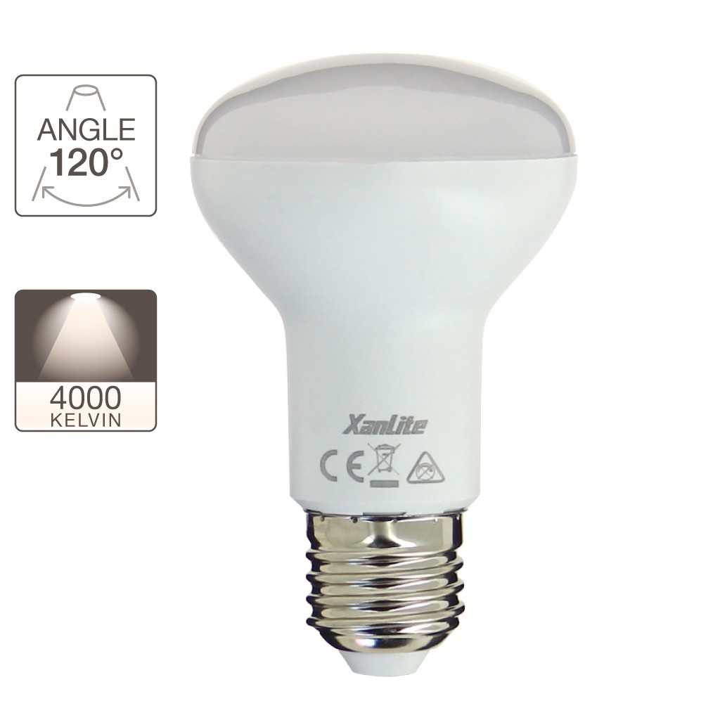 Biała żarówka LED z zaokrąglonym wierzchem i srebrną podstawą. Widoczne etykiety informacyjne.