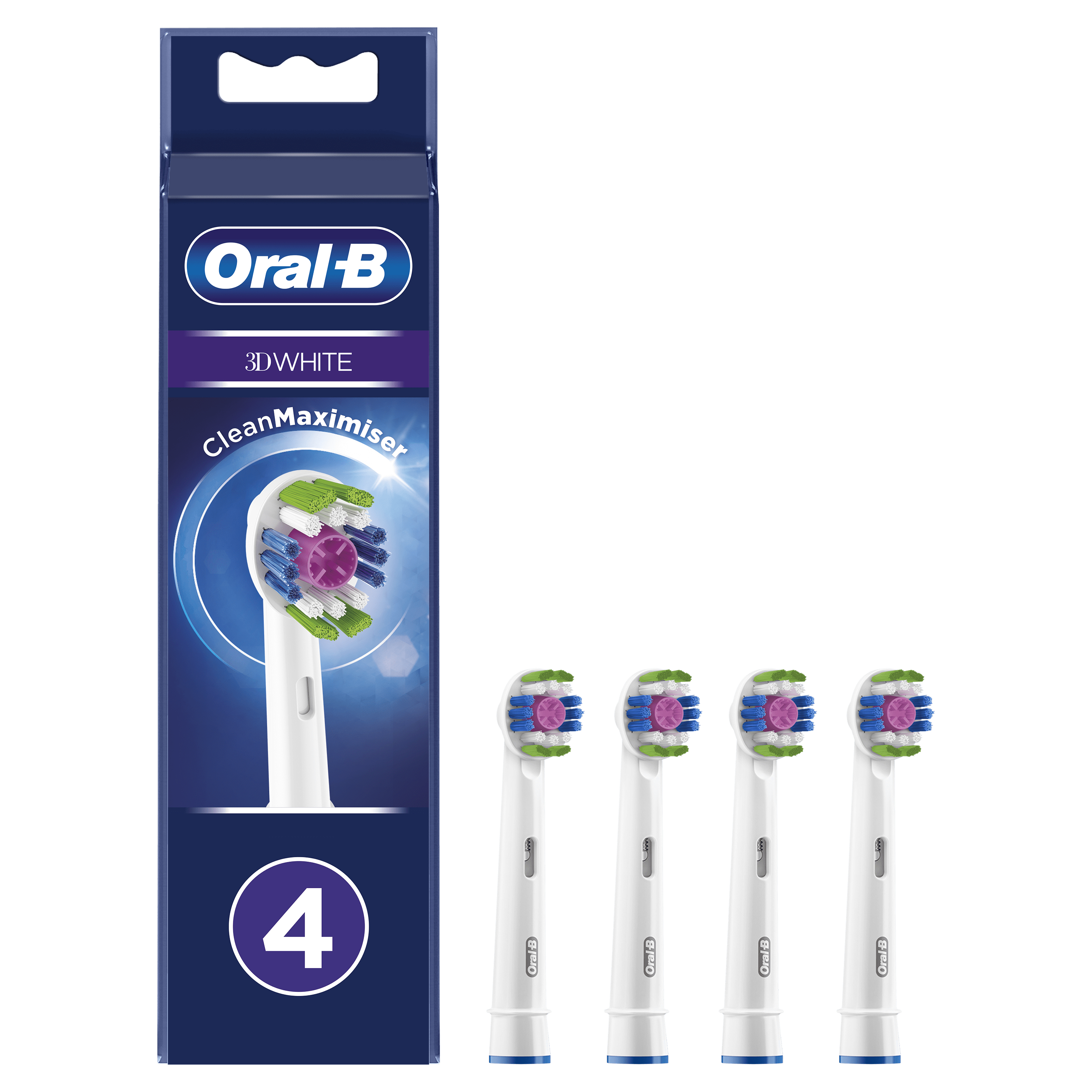 Quattro testine Oral-B 3D White in una confezione, con schema di colori blu e bianco.
