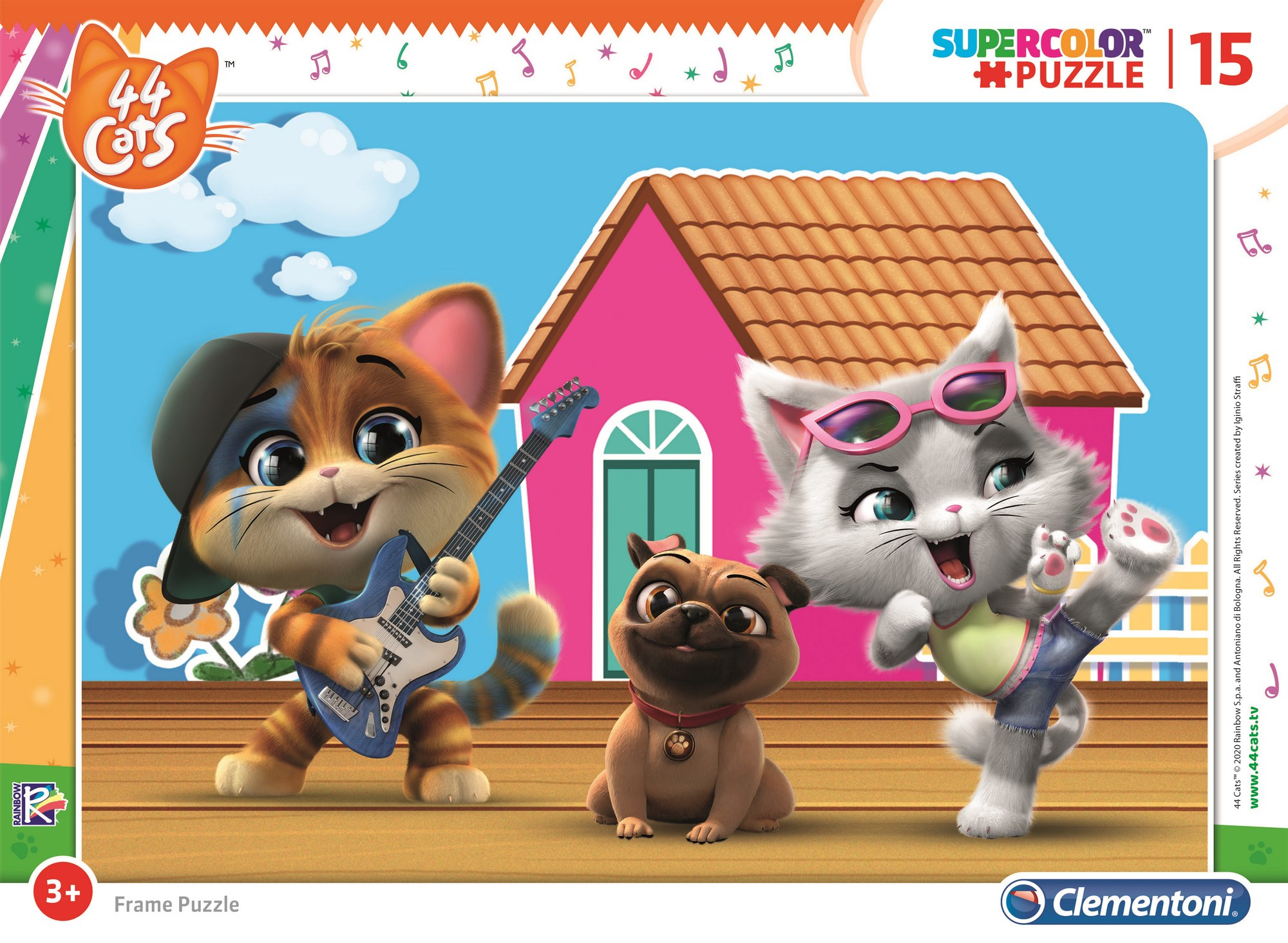 Un puzzle avec des chats de dessins animés : un chat avec une guitare, un chat dansant et un petit chien devant une maison.