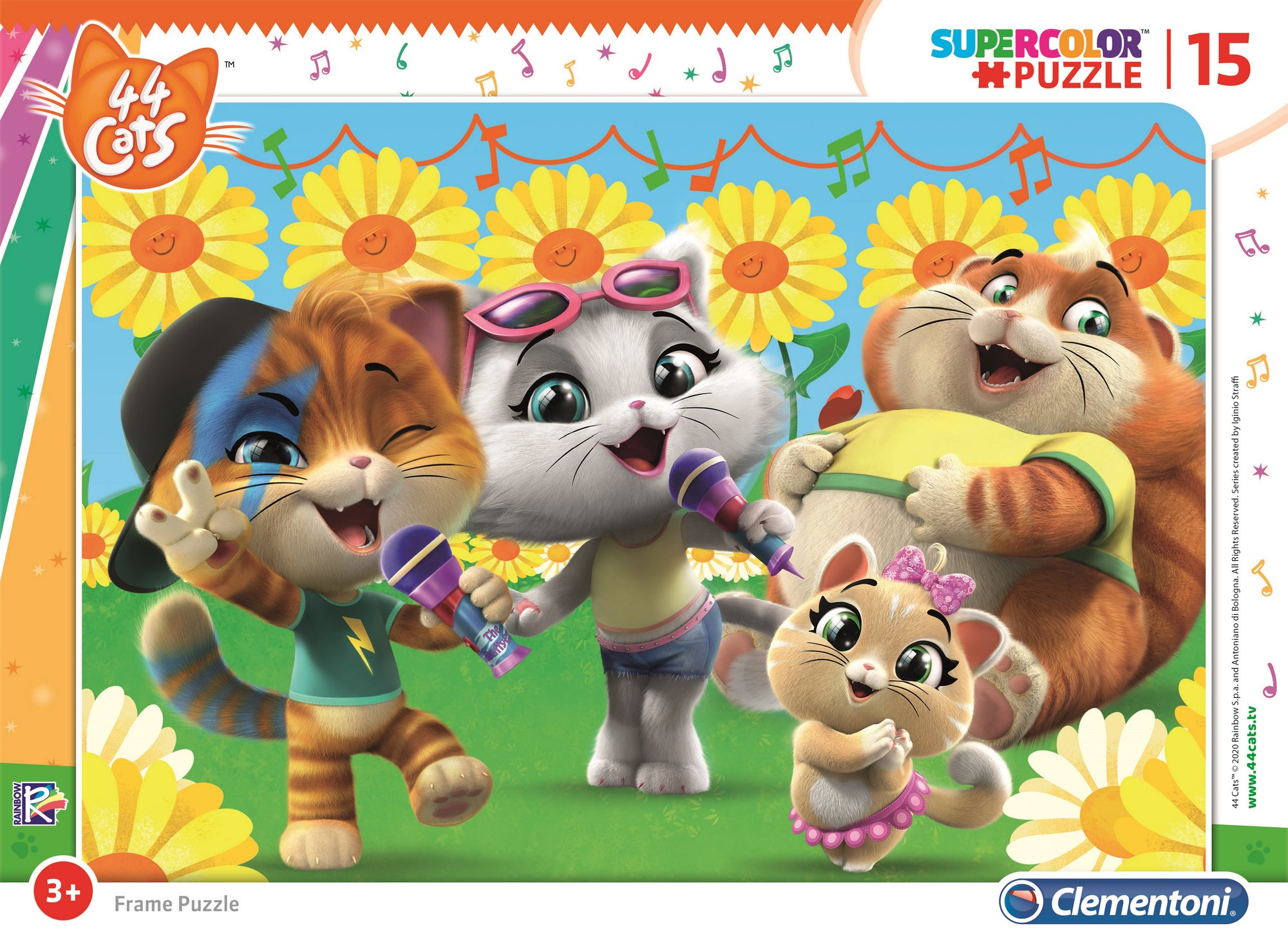 Quatre chats de dessin animé chantant. Fond avec des tournesols. Un puzzle 44 Cats.
