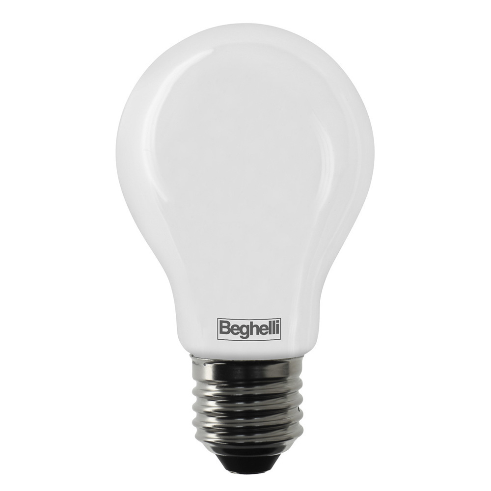 Lampadina bianca Beghelli con base argentata, isolata su sfondo bianco.