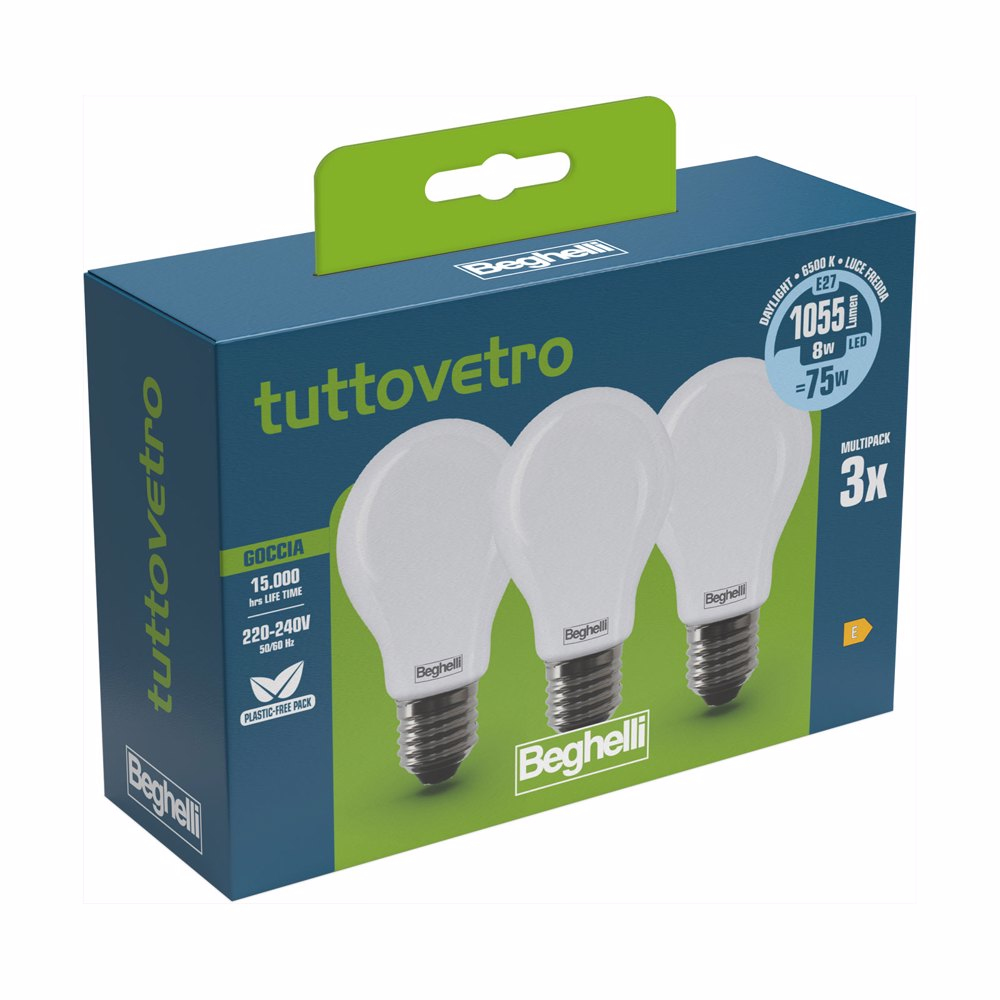 Scatola di tre lampadine Beghelli, dettagli del prodotto e logo, su sfondo bianco.