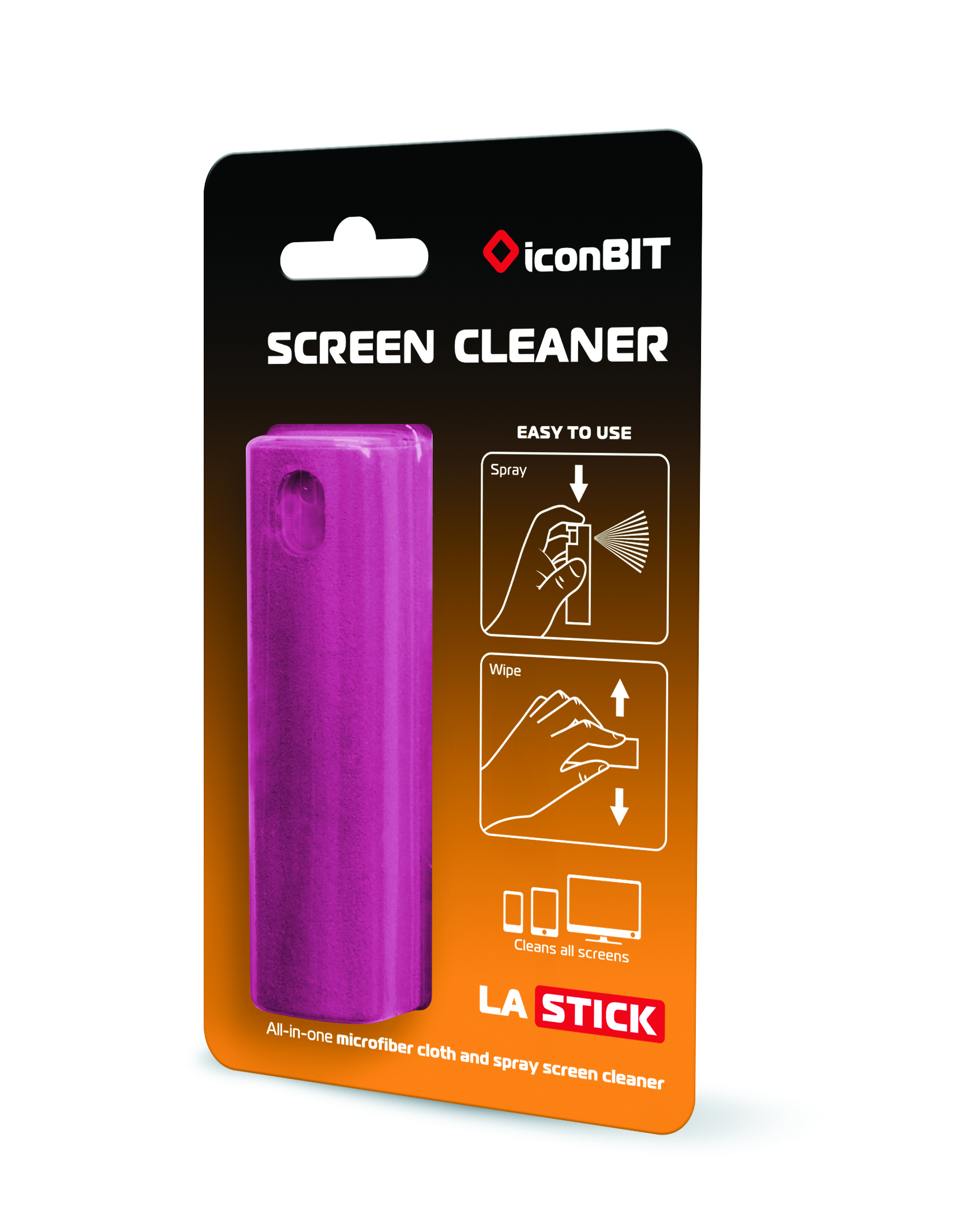 Różowy spray do czyszczenia ekranu w opakowaniu z instrukcją i logo iconBIT.