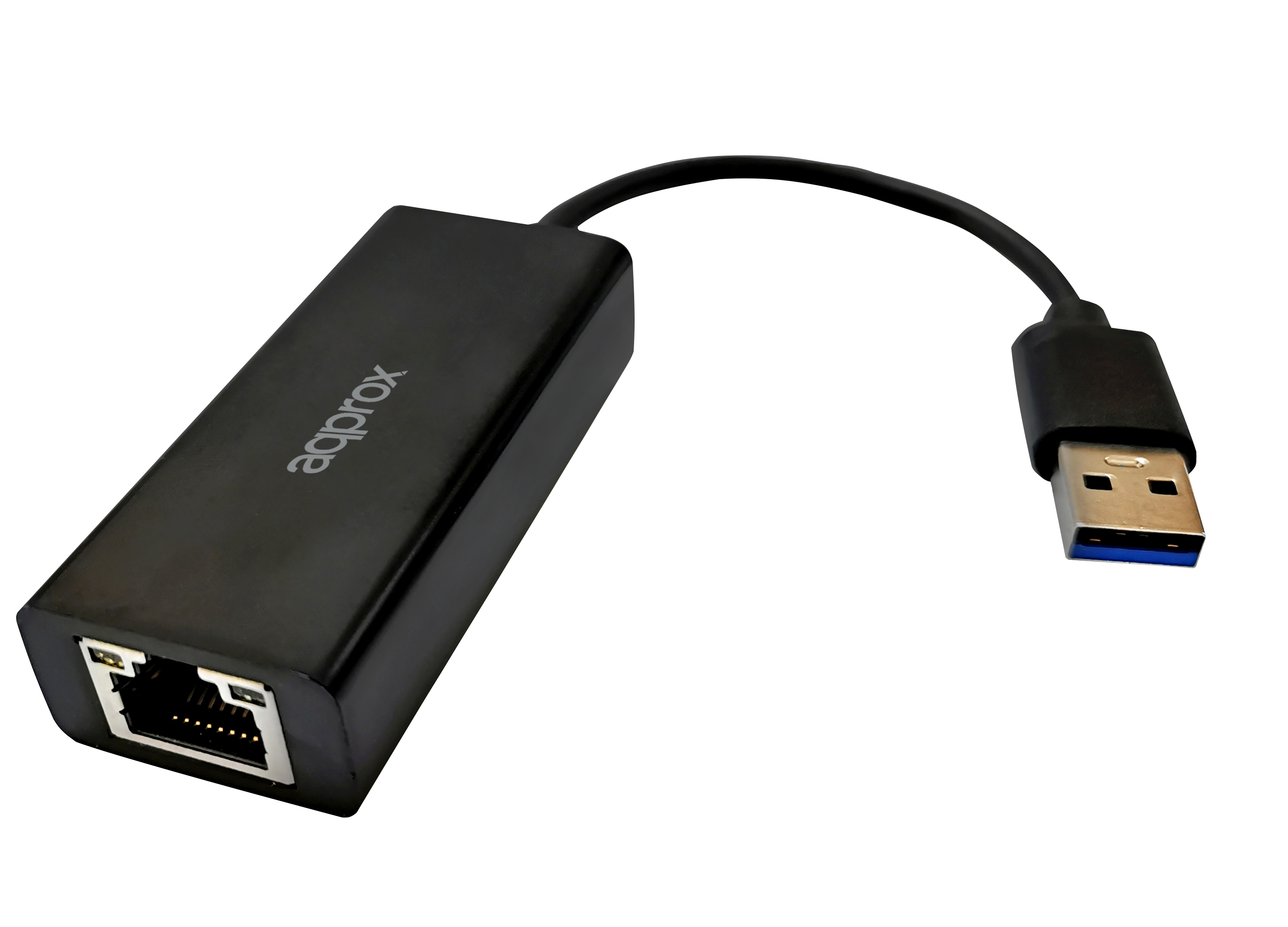 Czarny adapter USB na Ethernet z czarnym kablem, na białym tle.