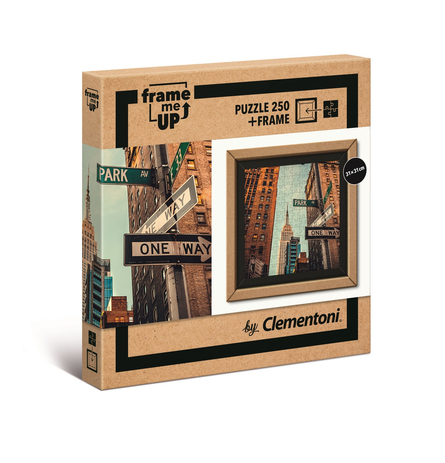 Pudełko z puzzlami z widokiem na Nowy Jork w ramie, z brązową ramą.