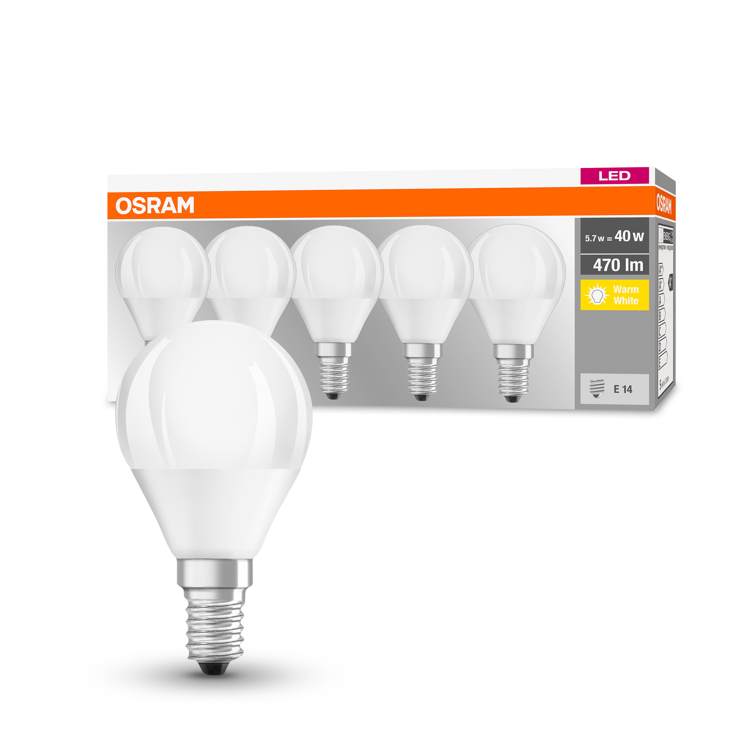 Confezione di cinque lampadine LED bianche con base argentata, su una scatola bianca e grigia.