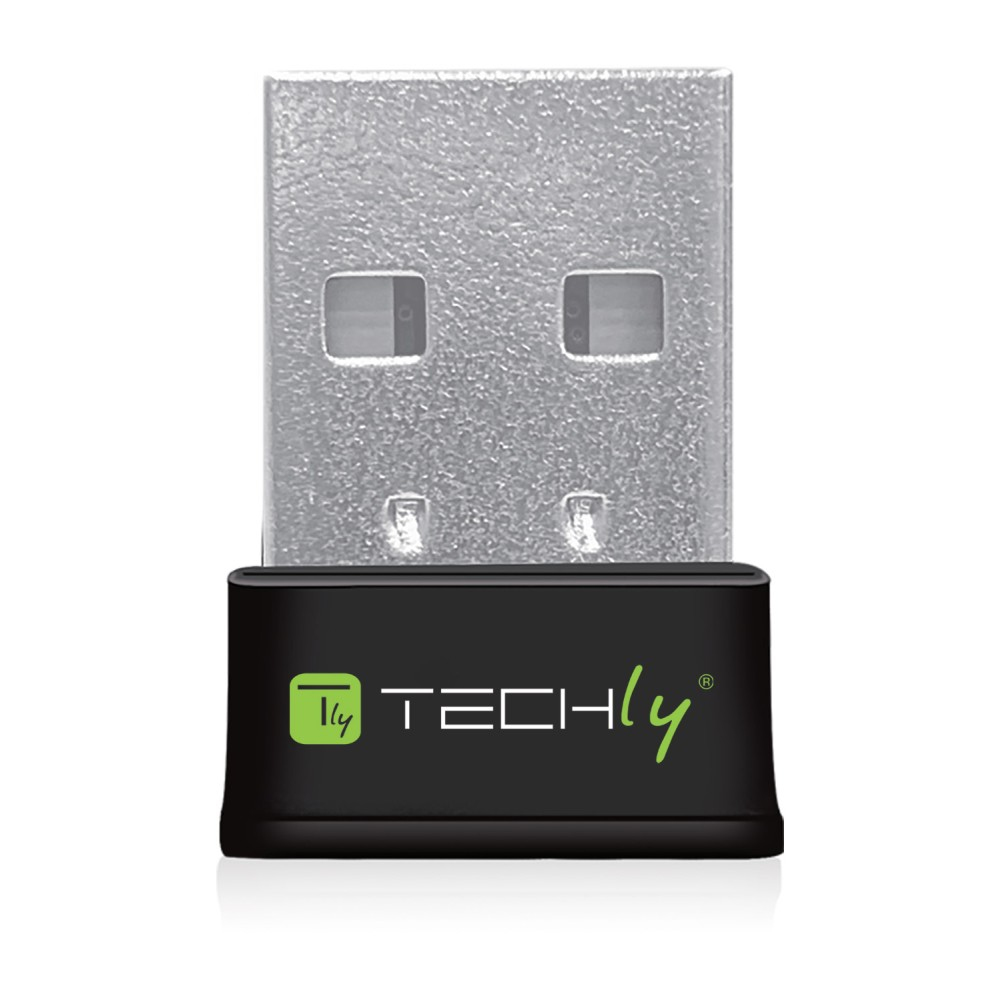 Un adattatore wireless USB nero e argento con la scritta TECHly. Sfondo bianco.