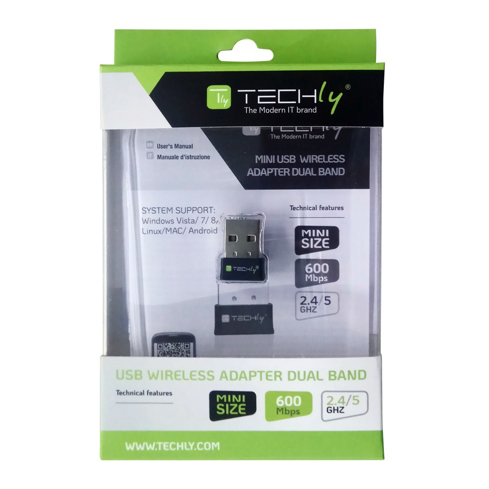 Un adattatore USB wireless in una scatola. La scatola è bianca, nera e verde con informazioni.