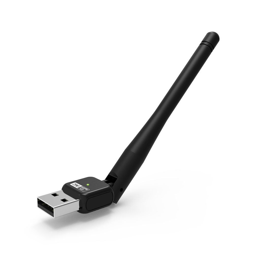 Czarny adapter WiFi USB z anteną i małą zieloną diodą sygnalizującą włączenie.