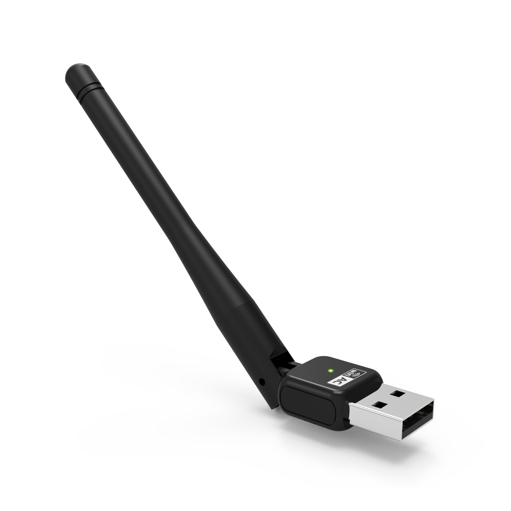 Czarny adapter WiFi USB z anteną i małą zieloną diodą sygnalizującą włączenie.