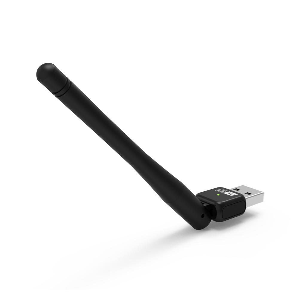 Czarny adapter WiFi USB z anteną i małą zieloną diodą sygnalizującą włączenie.
