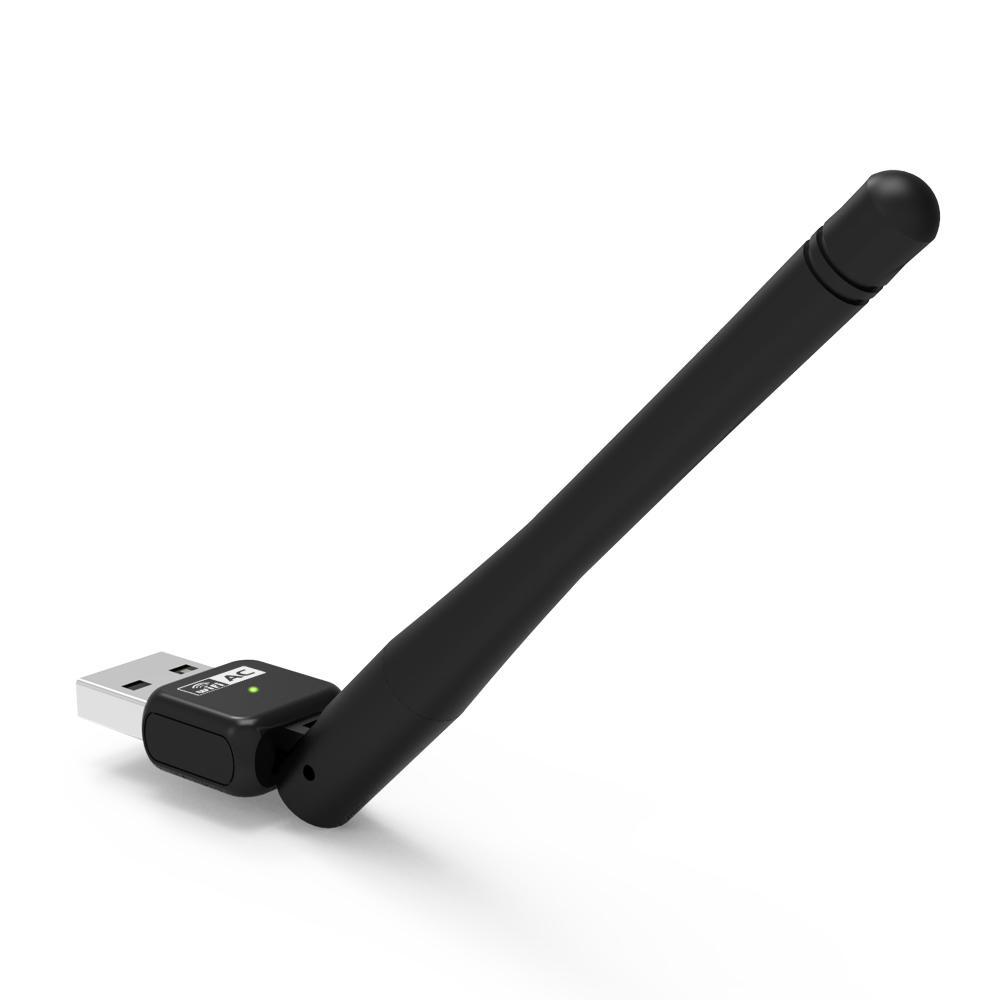 Czarny adapter WiFi USB z anteną i małą zieloną diodą sygnalizującą włączenie.
