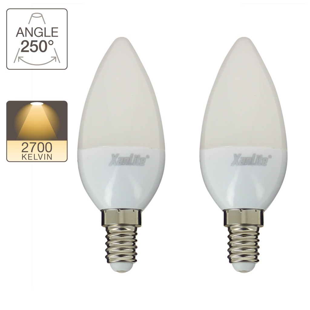 Due lampadine bianche Xanlite a forma di candela con angolo di 250 gradi e 2700 Kelvin.