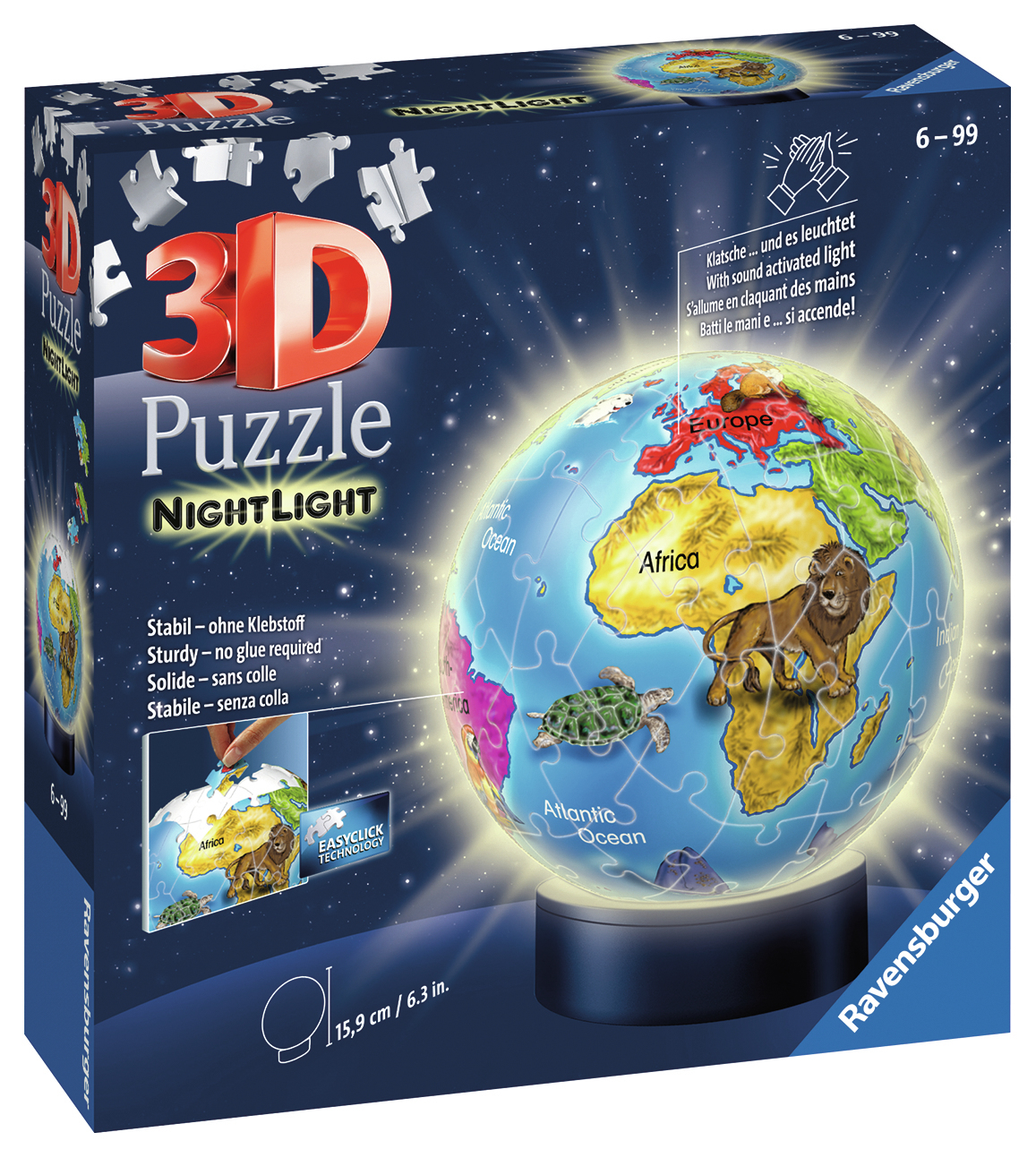 Una scatola di puzzle 3D raffigurante un globo con una base a luce notturna. La scatola è blu scuro.