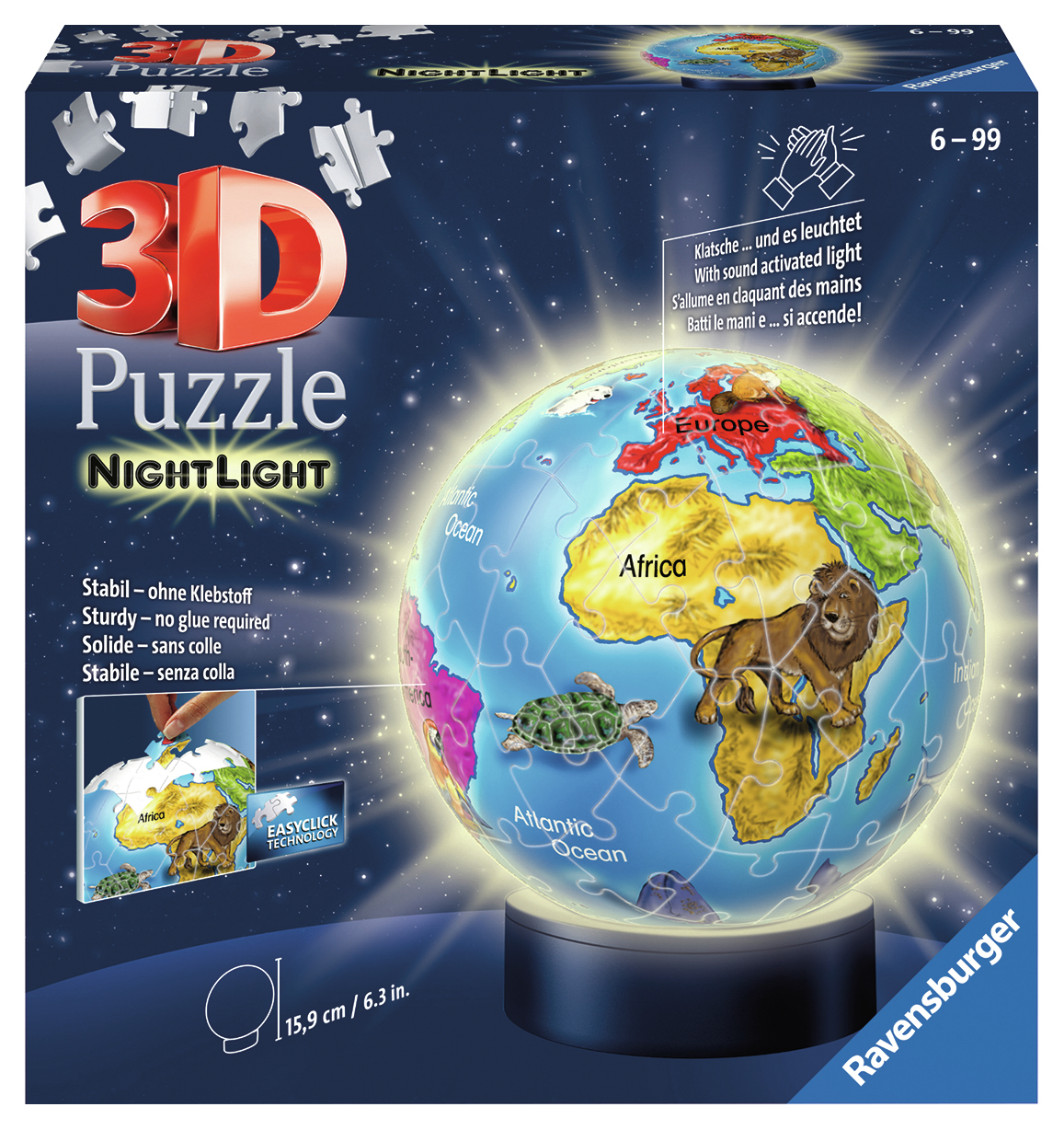 Un puzzle a forma di globo con base a luce notturna. Mostra la mappa del mondo. Presenta una tartaruga e leoni.