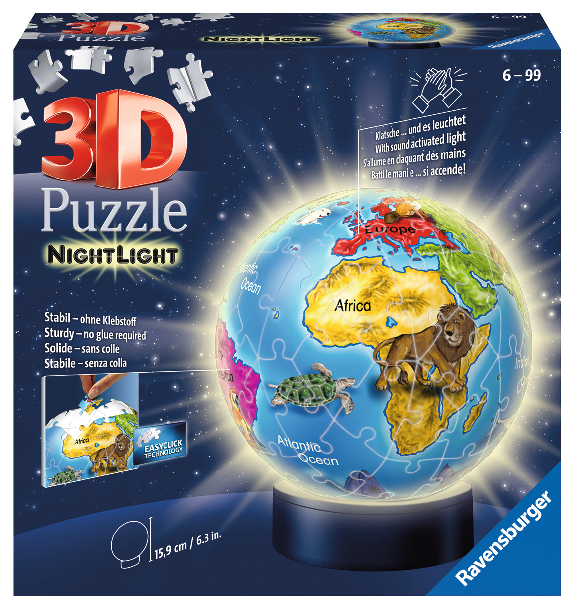 Una scatola di puzzle 3D raffigurante un globo con una base a luce notturna. La scatola è blu scuro.