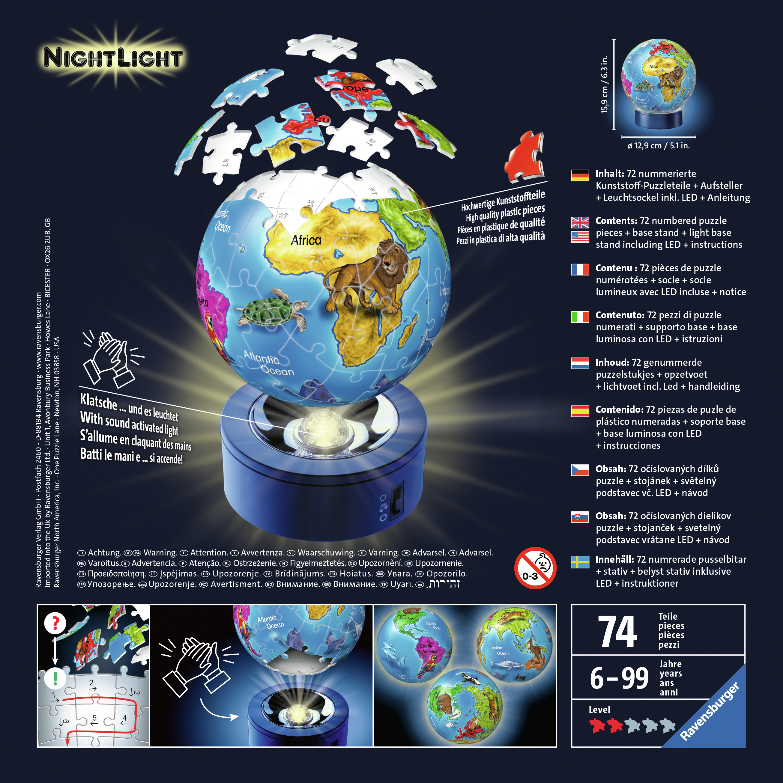 Un puzzle a forma di globo con continenti. Si trova su una base blu con testo in più lingue.