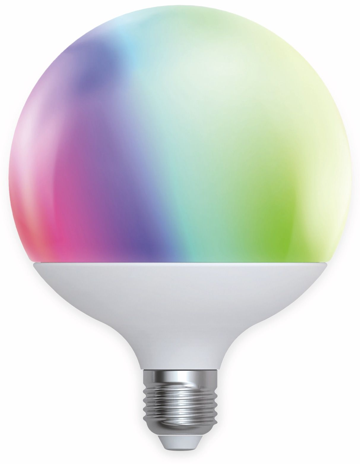 Lampadina rotonda multicolore. Base bianca, gradiente arcobaleno. Sfondo bianco.