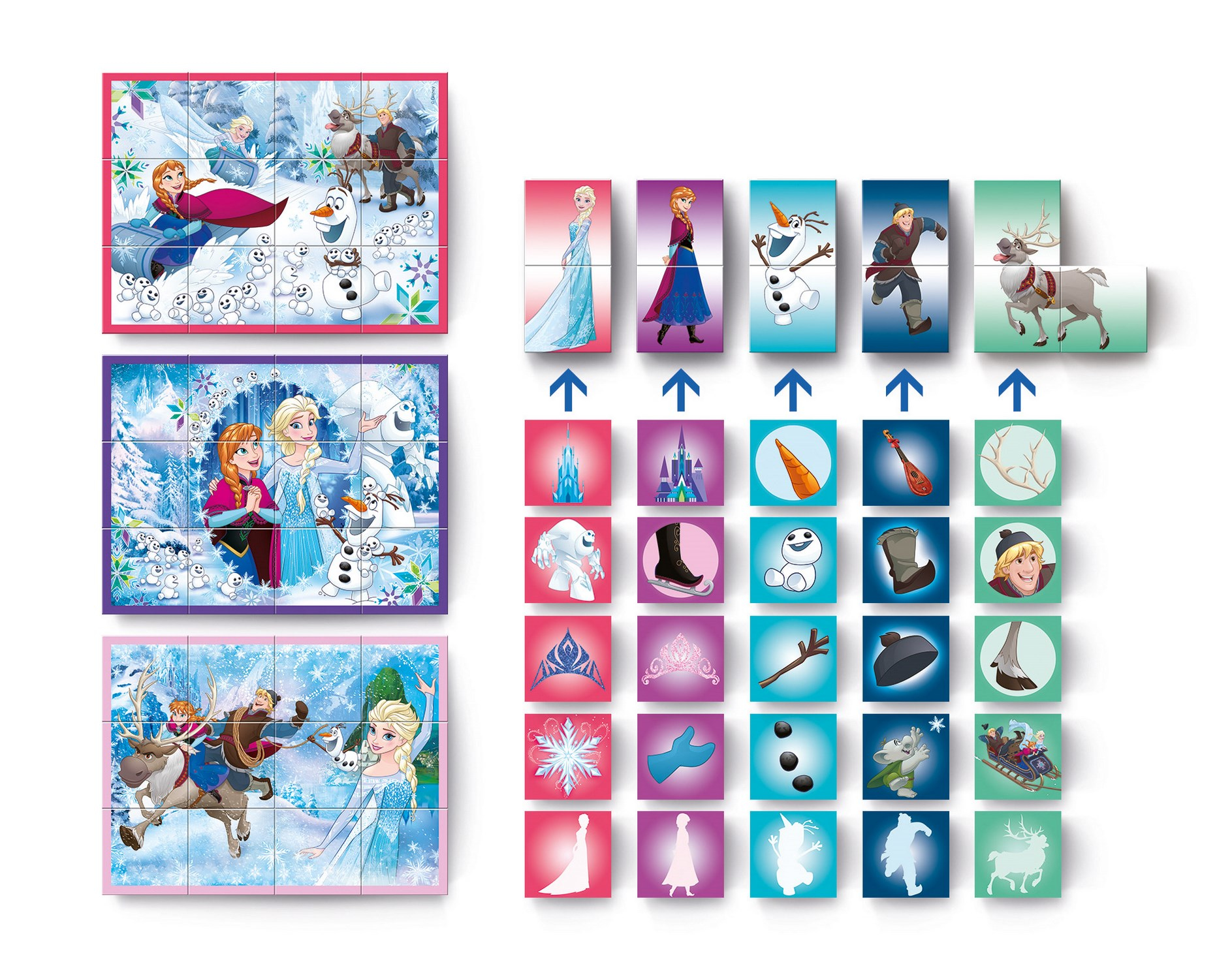Puzzle Frozen, z obrazami Elsy, Anny, Olafa i scen z filmu.