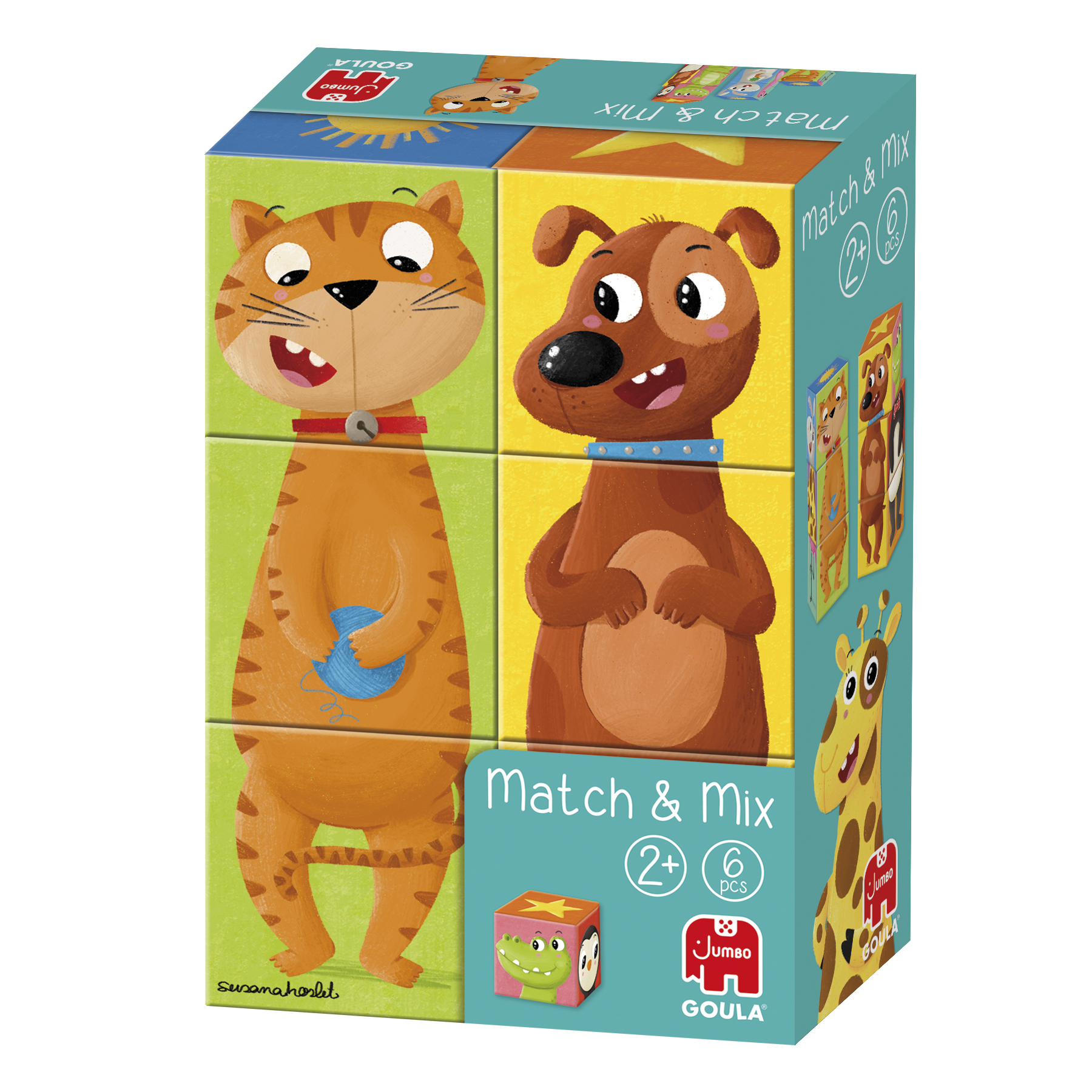 Pudełko z puzzlami Match & Mix z twarzami kota i psa z kreskówek na kostkach.