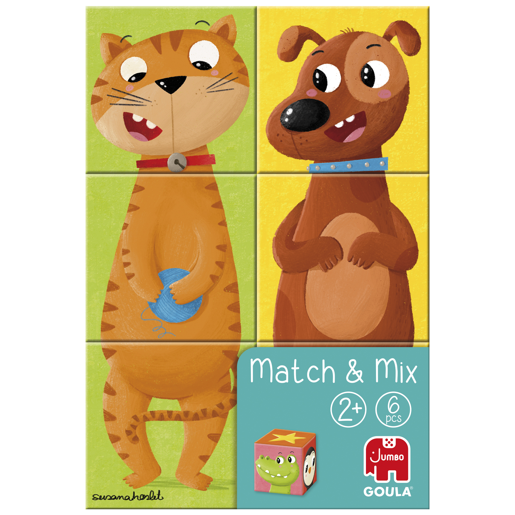 Elementy układanki Match & Mix z kreskówkowymi twarzami kota i psa.