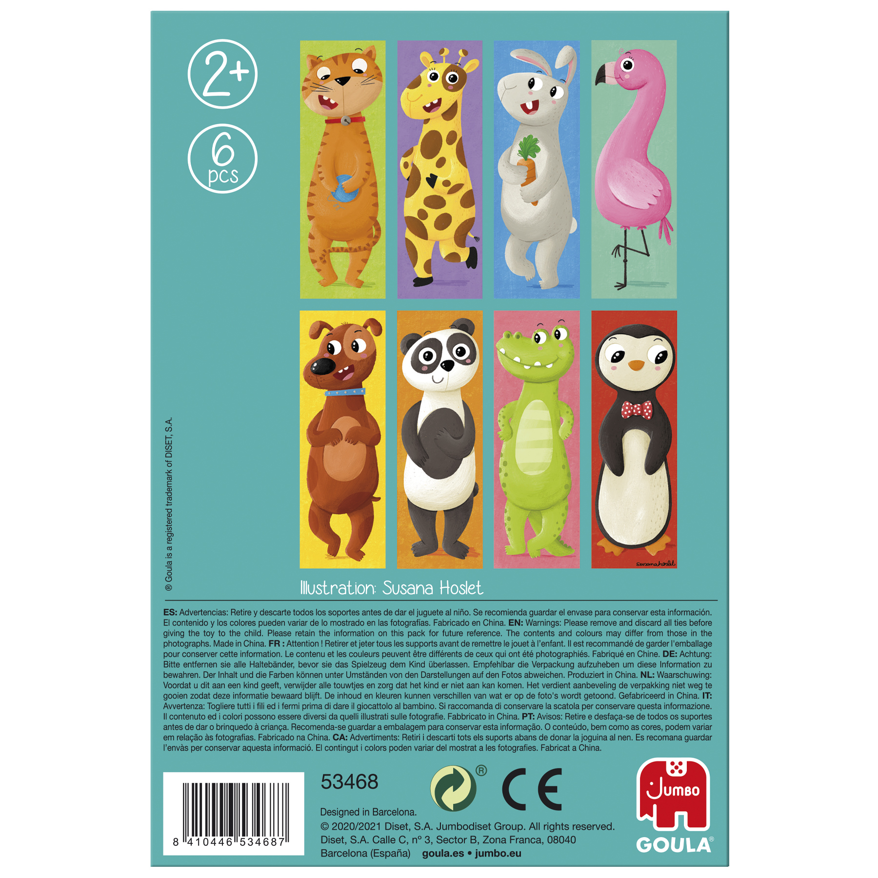 Arkusz kolorowych wycinanek zwierząt, w tym kota, żyrafy, królika, flaminga, psa, pandy, krokodyla i pingwina.