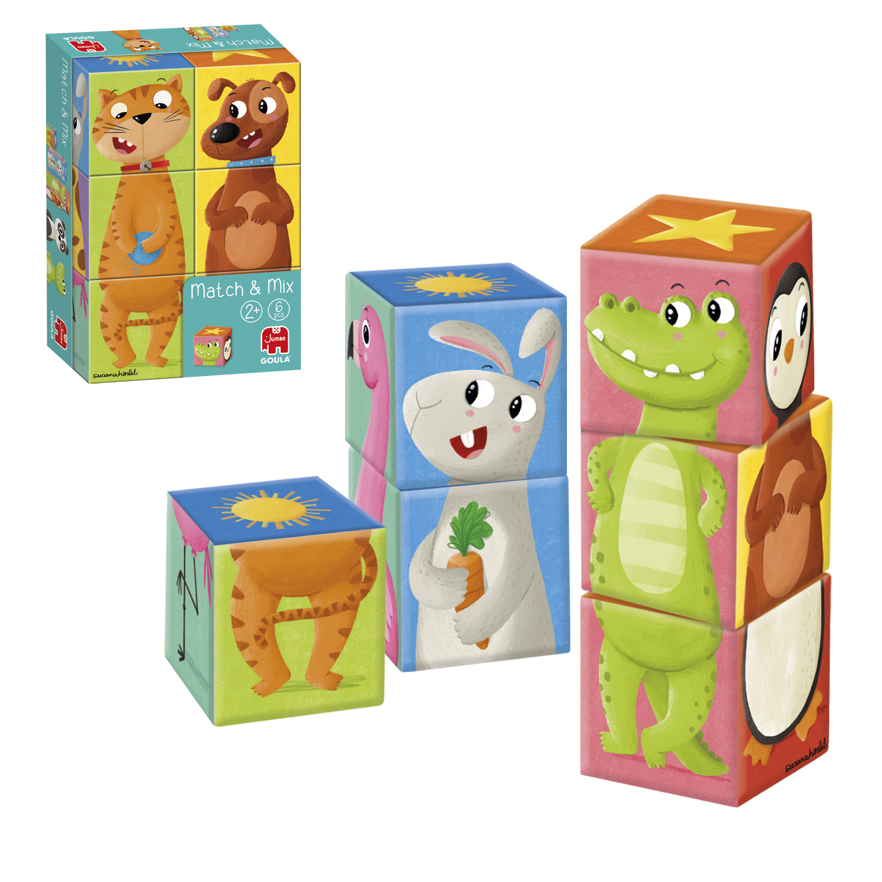 Kostki puzzli Match & Mix z kreskówkowymi twarzami zwierząt.