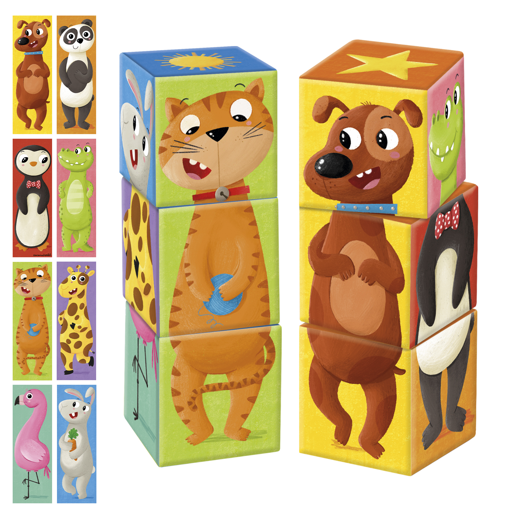 Zestaw bloków ze zwierzętami, każdy przedstawiający połowę zwierzęcia. Bloki zawierają różnorodne kolorowe ilustracje zwierząt.