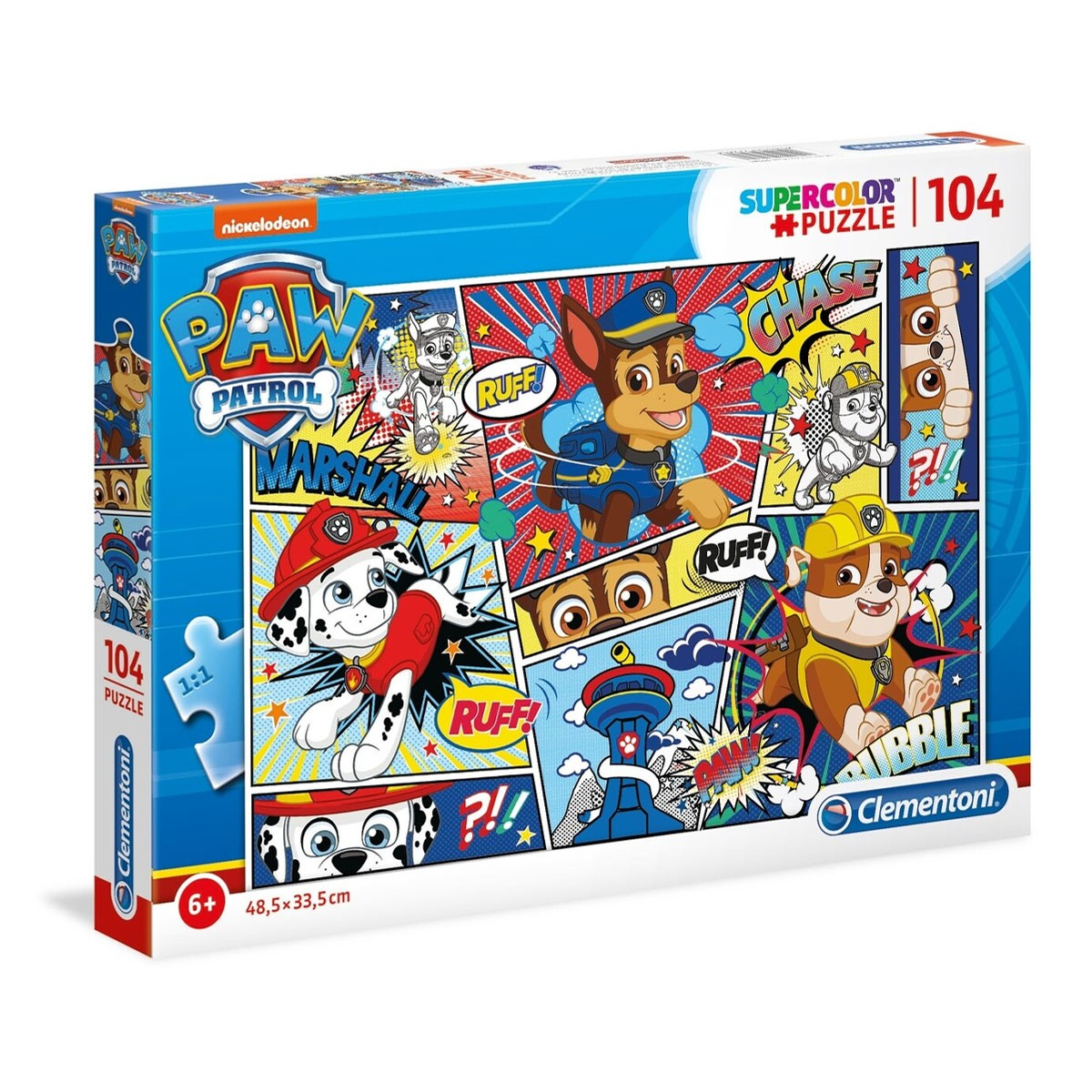 Pudełko z puzzlami Paw Patrol z Chasem, Marshallem i Rubblem, z dymkami akcji i tłem pejzażu miejskiego.