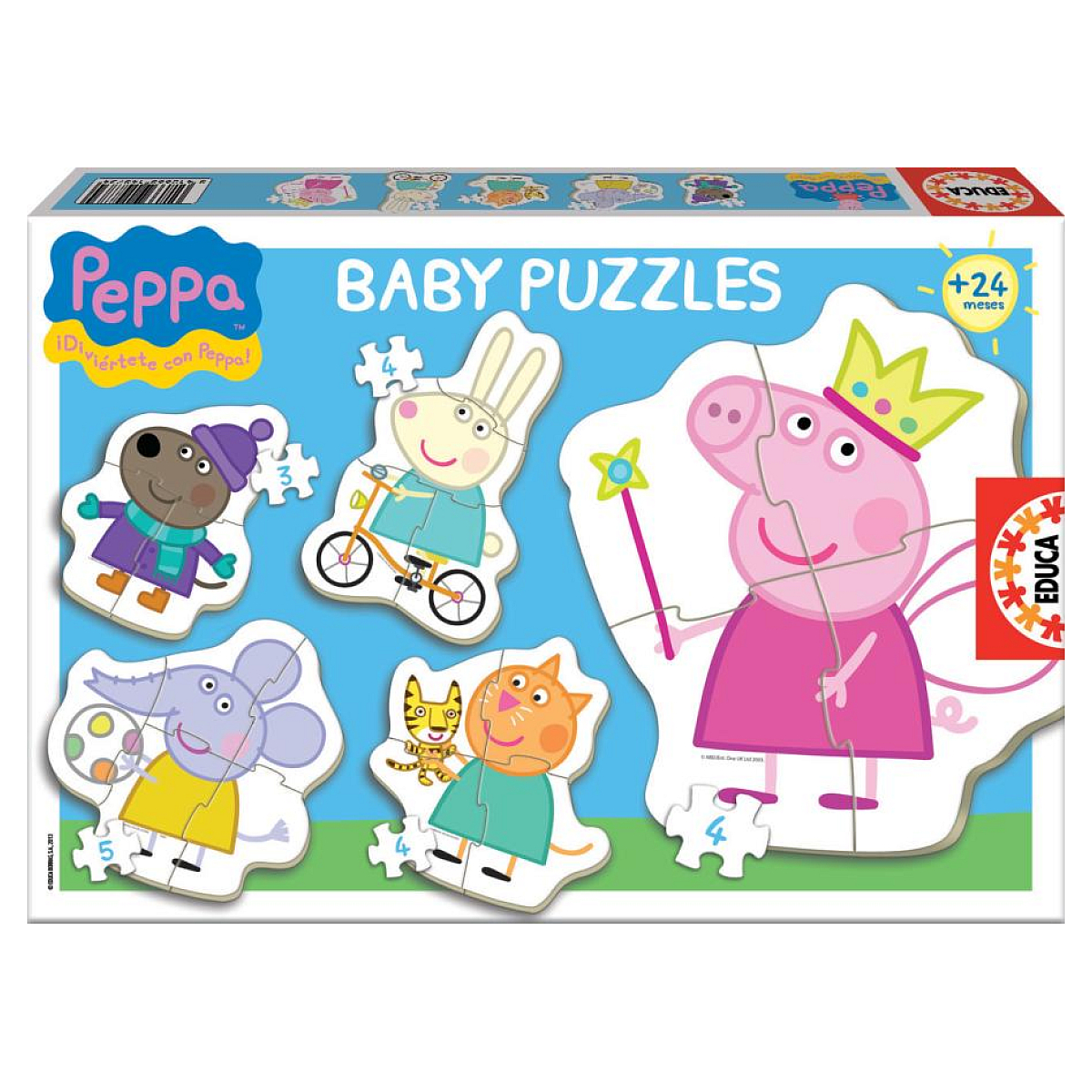 Pudełko z puzzlami Peppy. Elementy układanki pokazują Peppę i inne postacie.