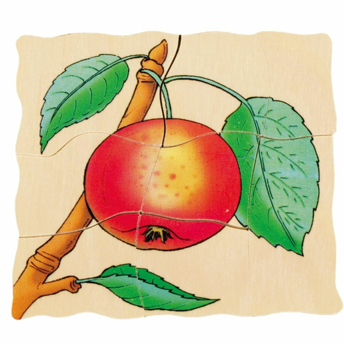 Un rompecabezas de madera de una manzana roja en una rama con hojas verdes.