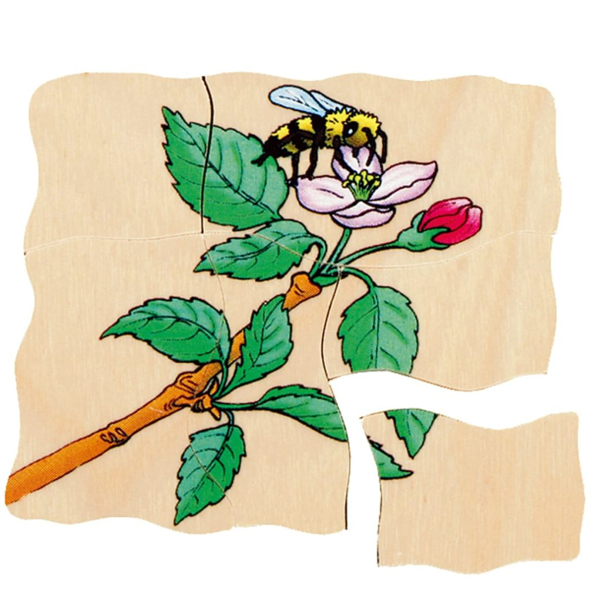 Una abeja en una flor en un rompecabezas de madera. Se ven hojas y tallo verdes.