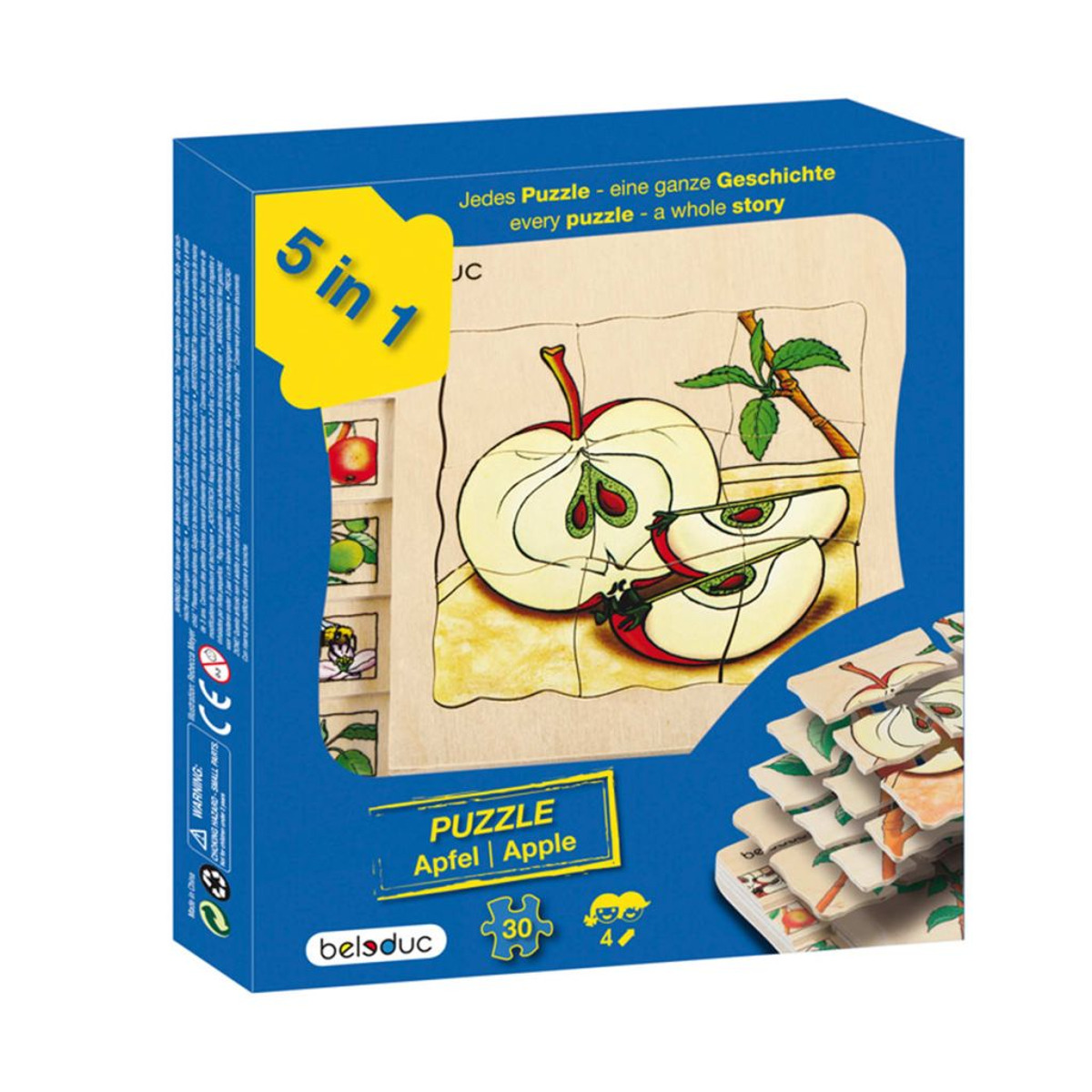 Una caja de rompecabezas con una imagen de manzana cortada. La caja es azul y texto multilingüe.