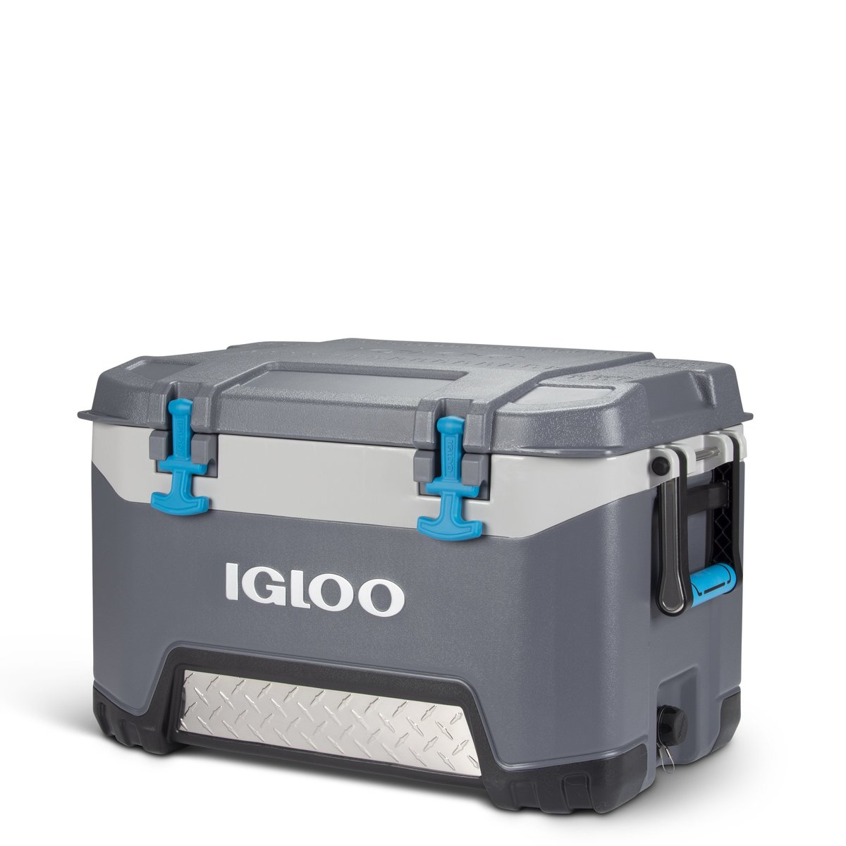 Un contenitore termico Igloo chiuso, grigio e bianco, con chiusure blu, su sfondo bianco.