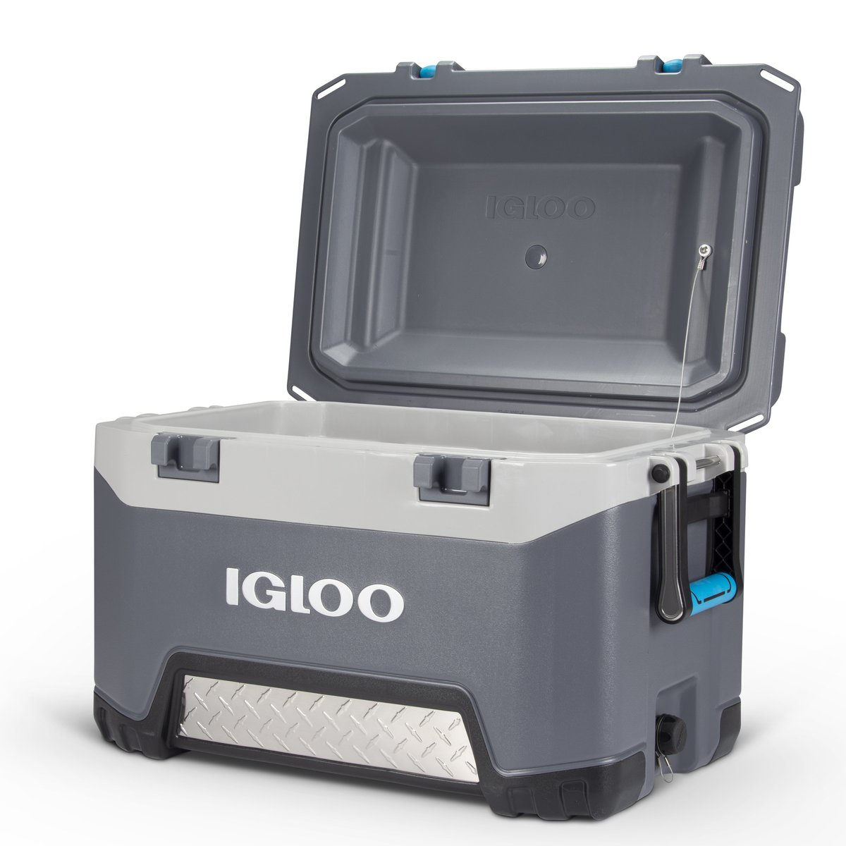 Un contenitore termico Igloo aperto, grigio e bianco, che mostra l'interno. Chiusure e maniglie blu visibili.