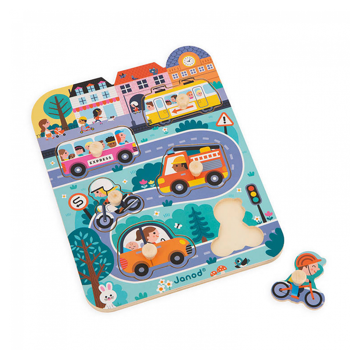 Drewniane puzzle przedstawiające pojazdy na drodze: autobus, samochód, wóz strażacki, motocykl, rower. Białe tło.