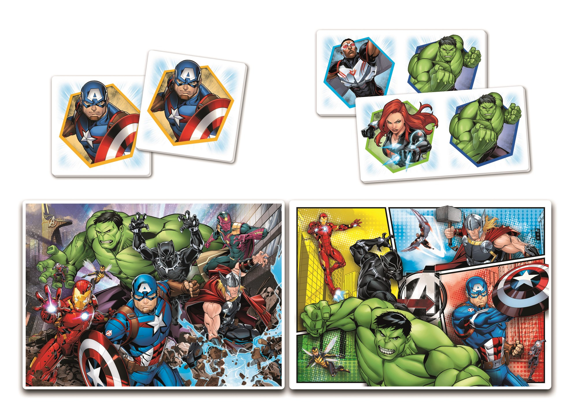 Karty z postaciami z Avengers. Kapitan Ameryka i Hulk są widoczni. Dół ma motyw komiksowy.