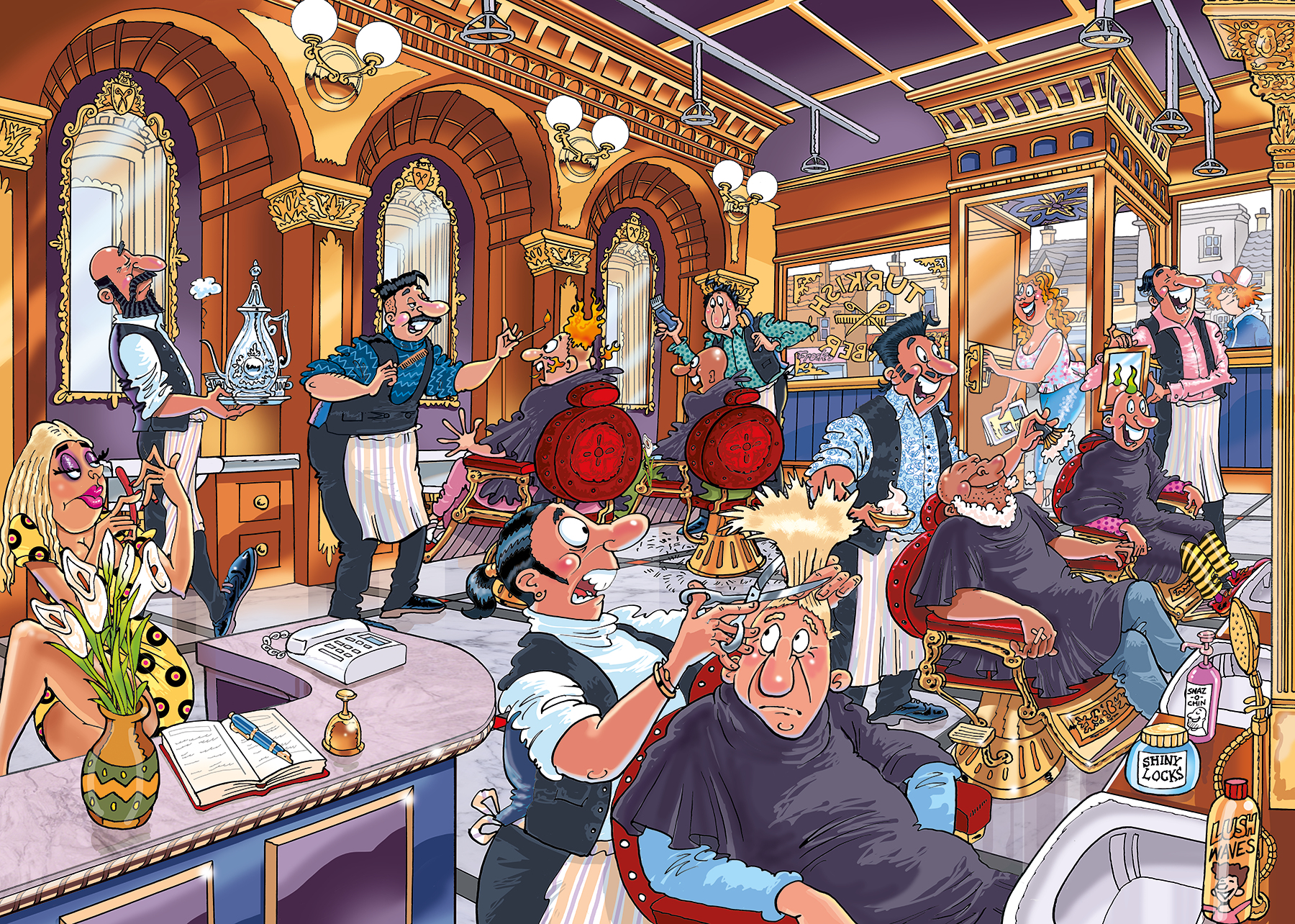 Kreskówkowa scena zakładu fryzjerskiego z klientami i fryzjerami.