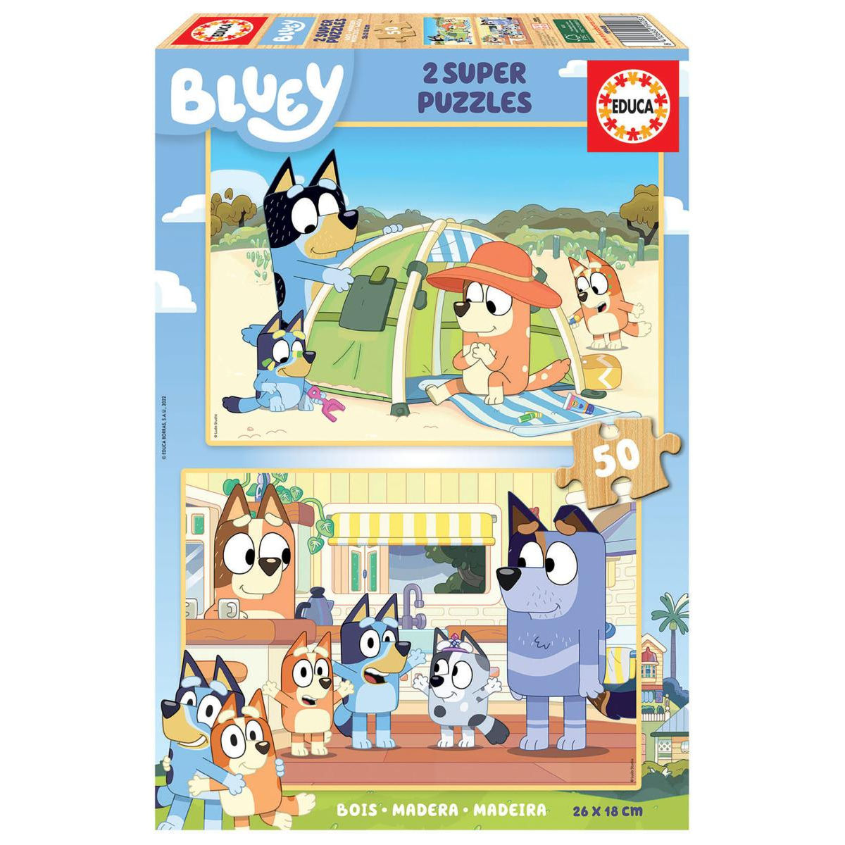 Pudełko z puzzlami Bluey z wieloma postaciami Bluey w różnych scenach, z puzzlami 50 elementów.