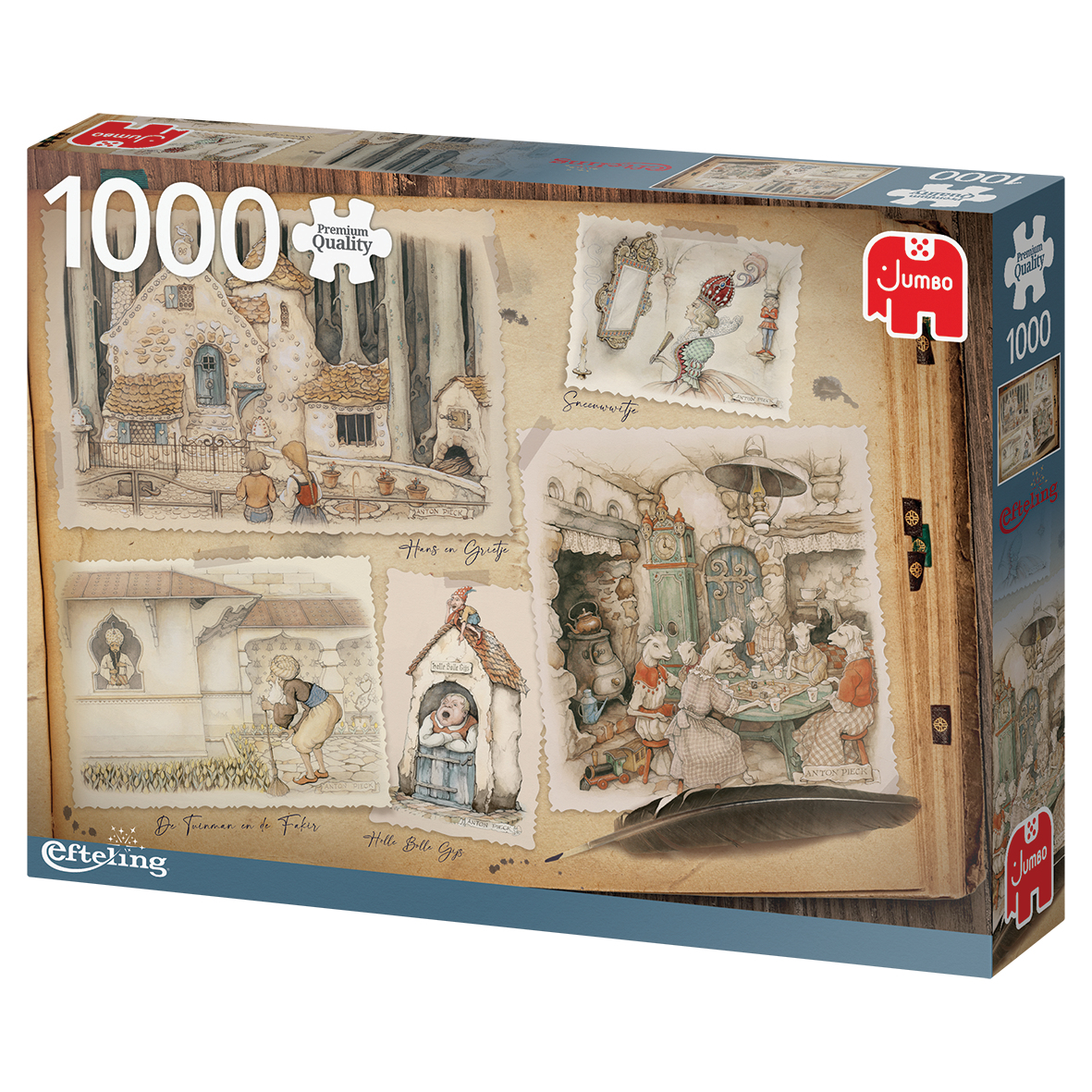 Een puzzeldoos met verschillende illustraties in een boek, een historische scène.