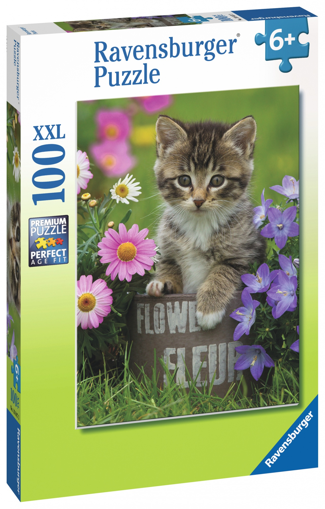 Scatola del puzzle Ravensburger. Un gattino tra i fiori. La scatola mostra l'immagine. Qualità premium.