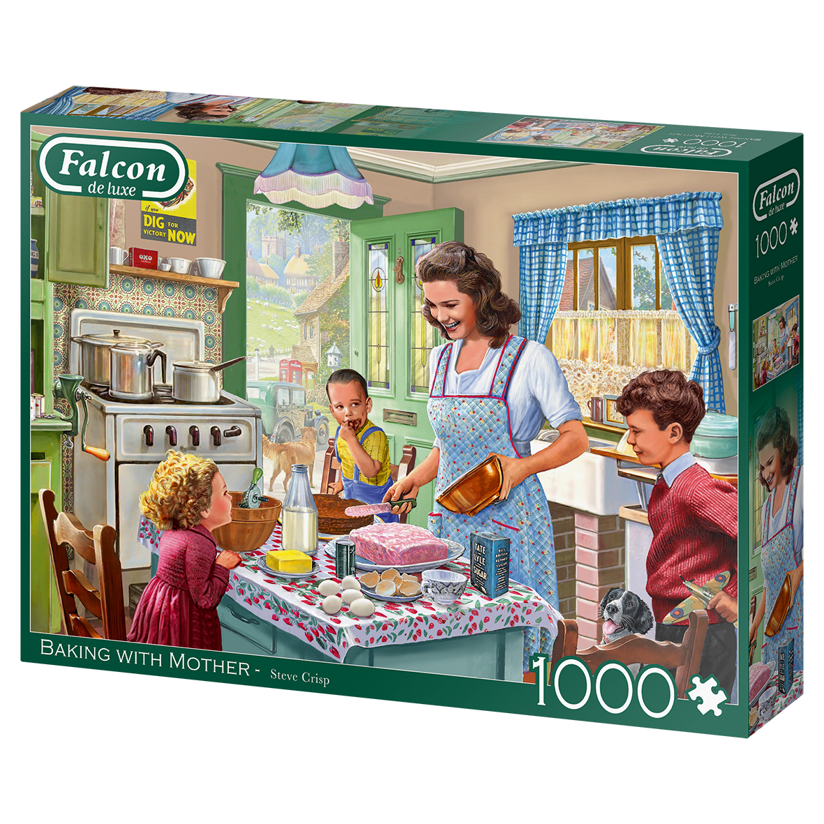 Eine Puzzleschachtel, die eine Familie beim Backen in einer Küche zeigt.