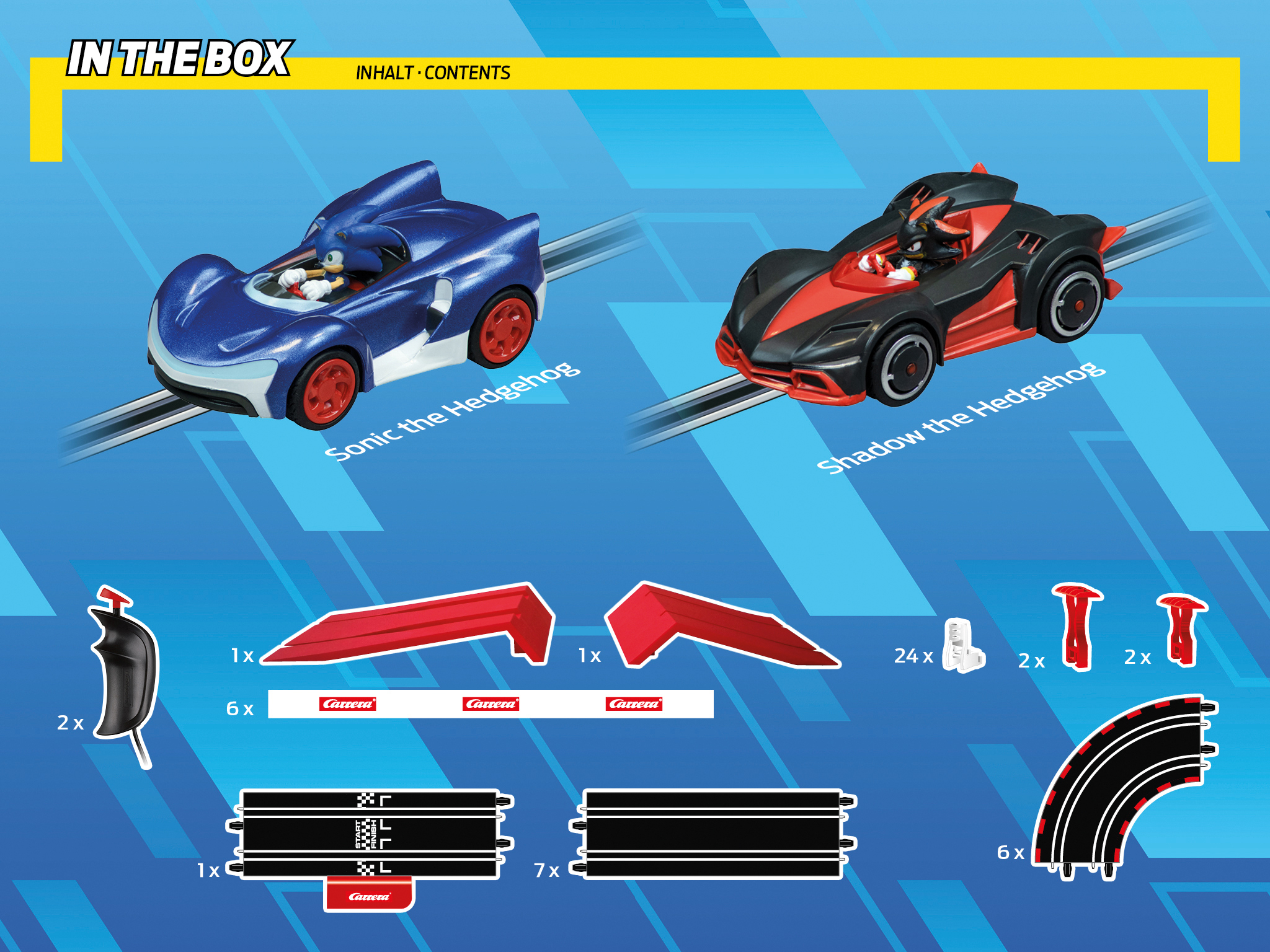 Pudełko z zabawkami samochodowymi Sonic i Shadow the Hedgehog z elementami toru. Niebieskie tło. Widoczny tekst 'In The Box'.