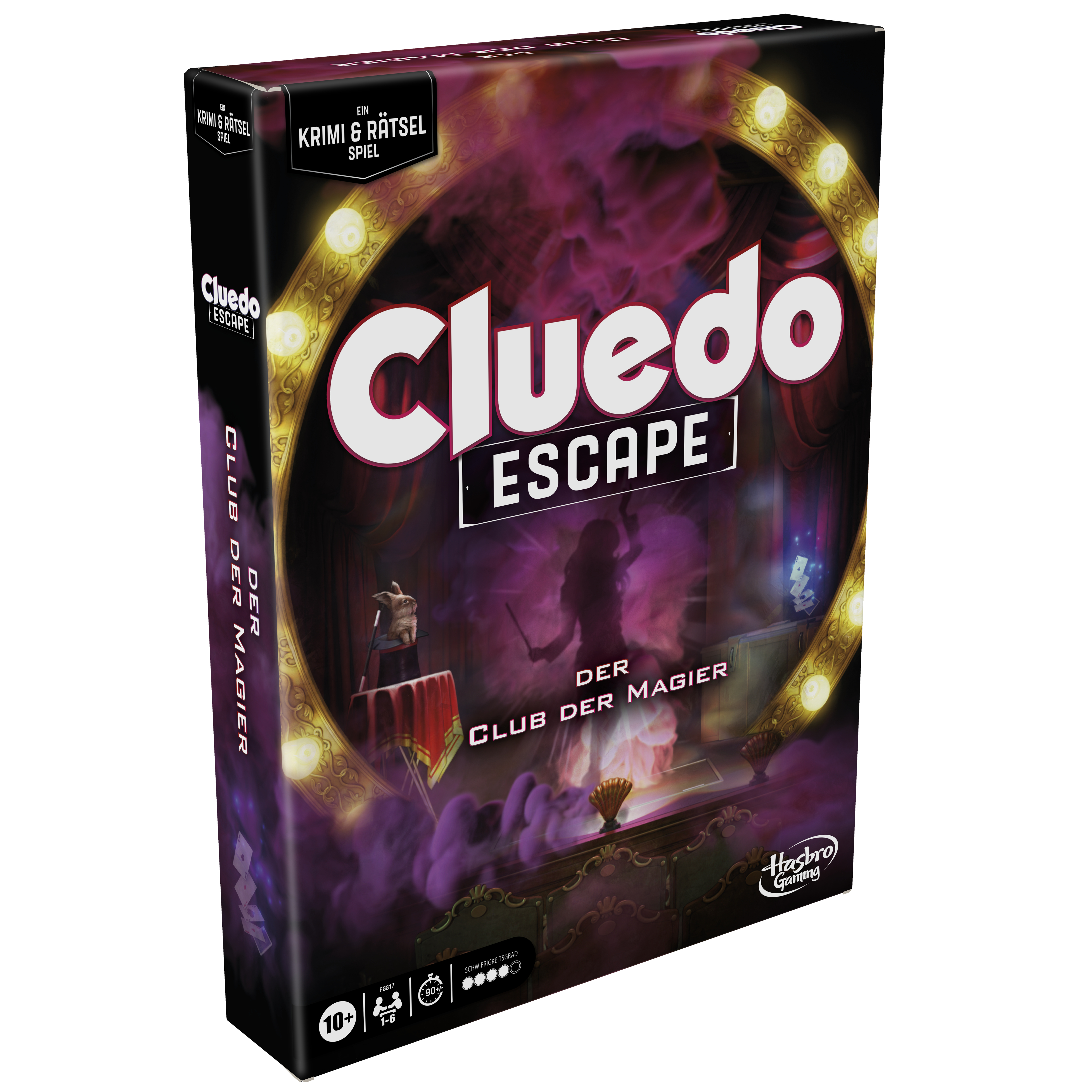 Cluedo Escape Box. Die Box hat eine Bühne mit einer Magier-Silhouette und Rauch.