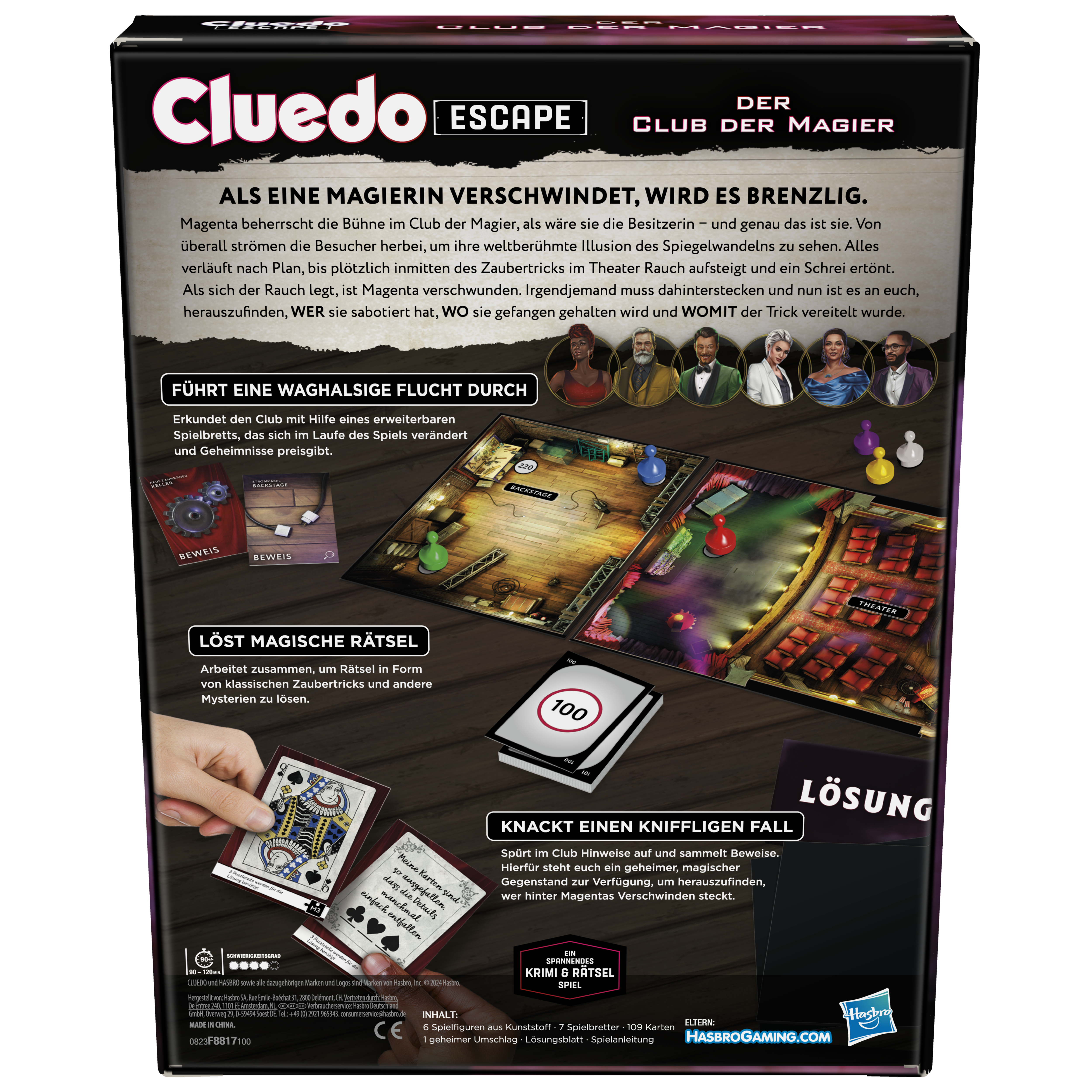 Rückseite einer Cluedo Escape Box. Es zeigt Hinweise, Charaktere und Spielelemente.