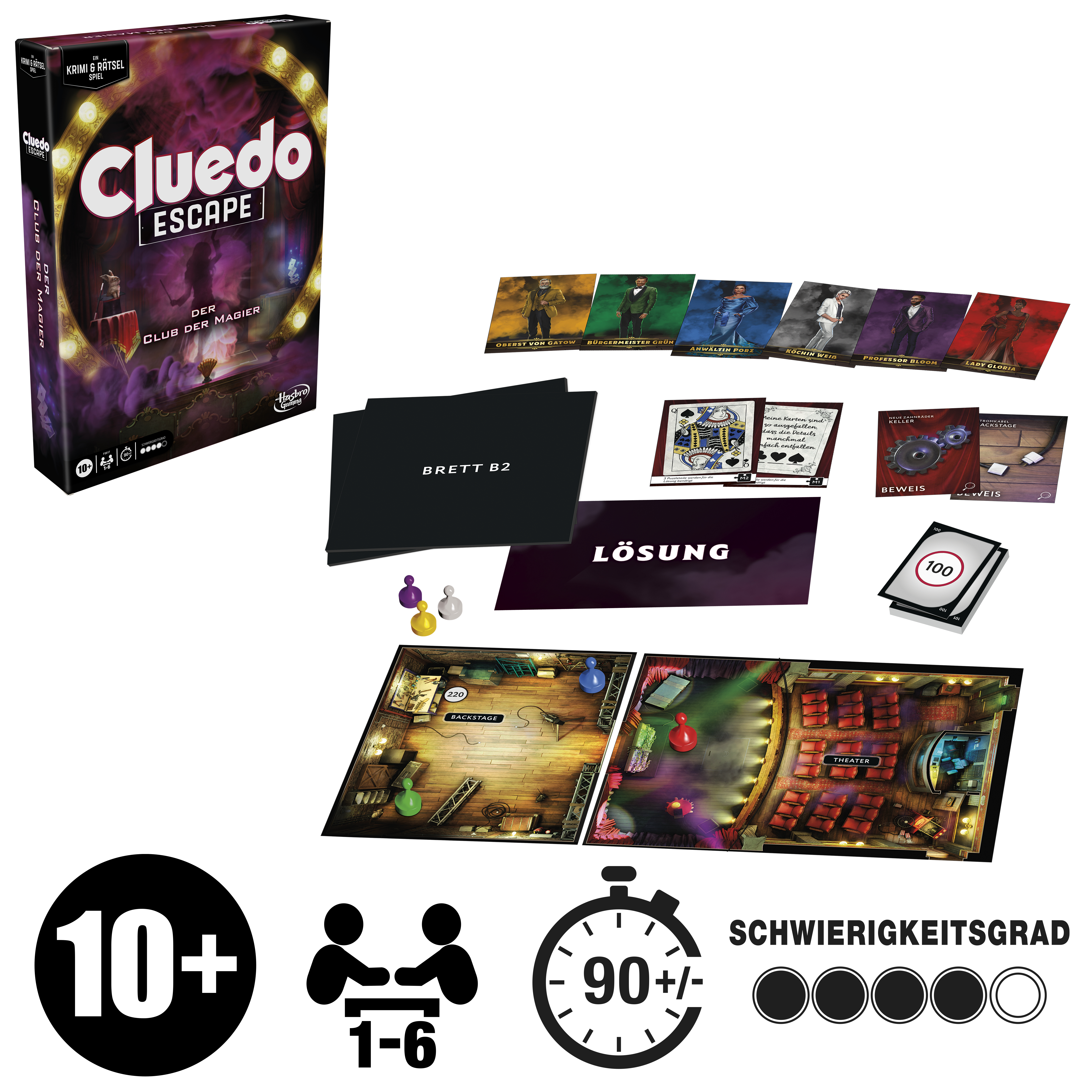 Cluedo Escape Spielkomponenten werden gezeigt: ein Spielbrett, Karten und Spielfiguren.