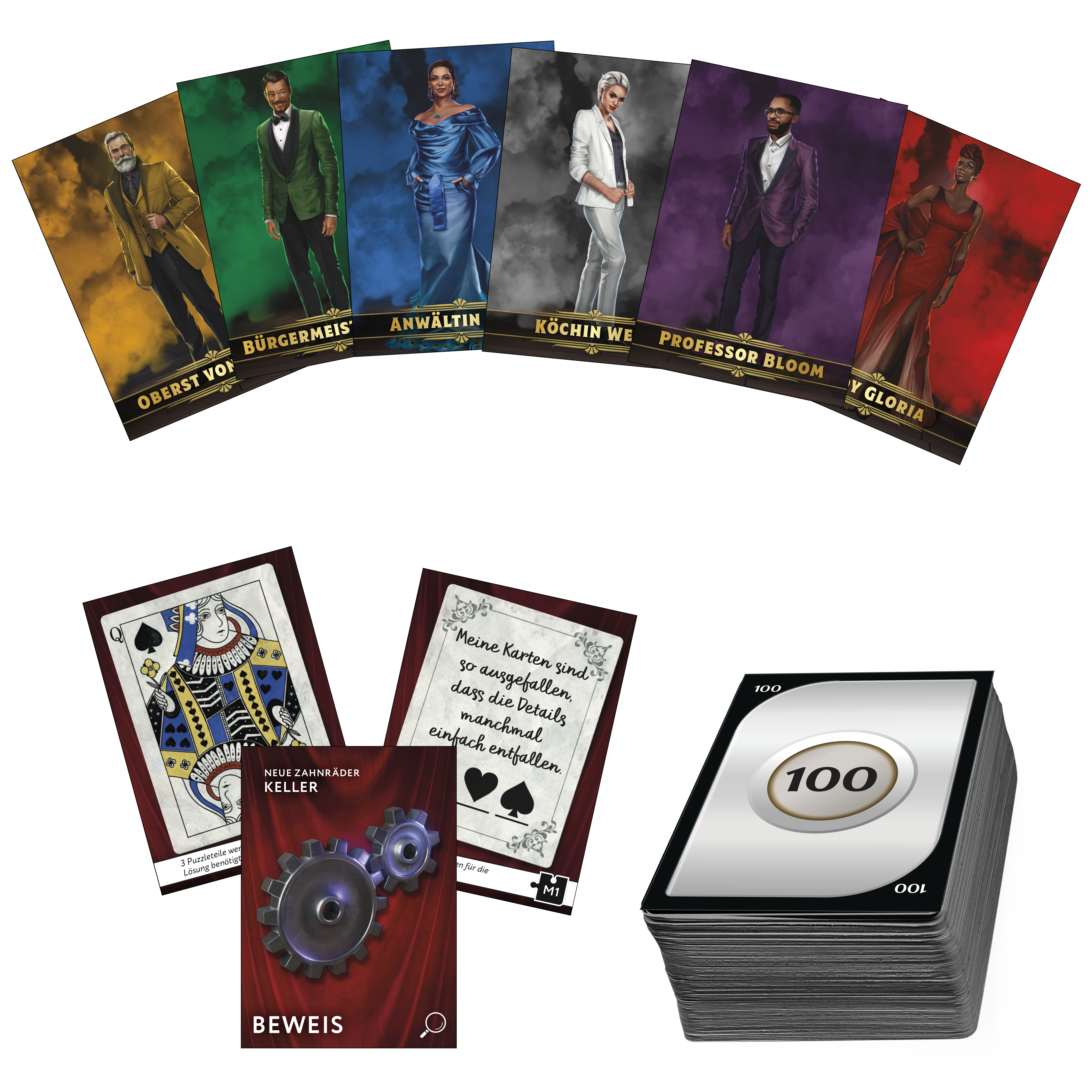 Karten aus einem Brettspiel. Charaktere in verschiedenen Outfits. Karten mit Text und Logo.
