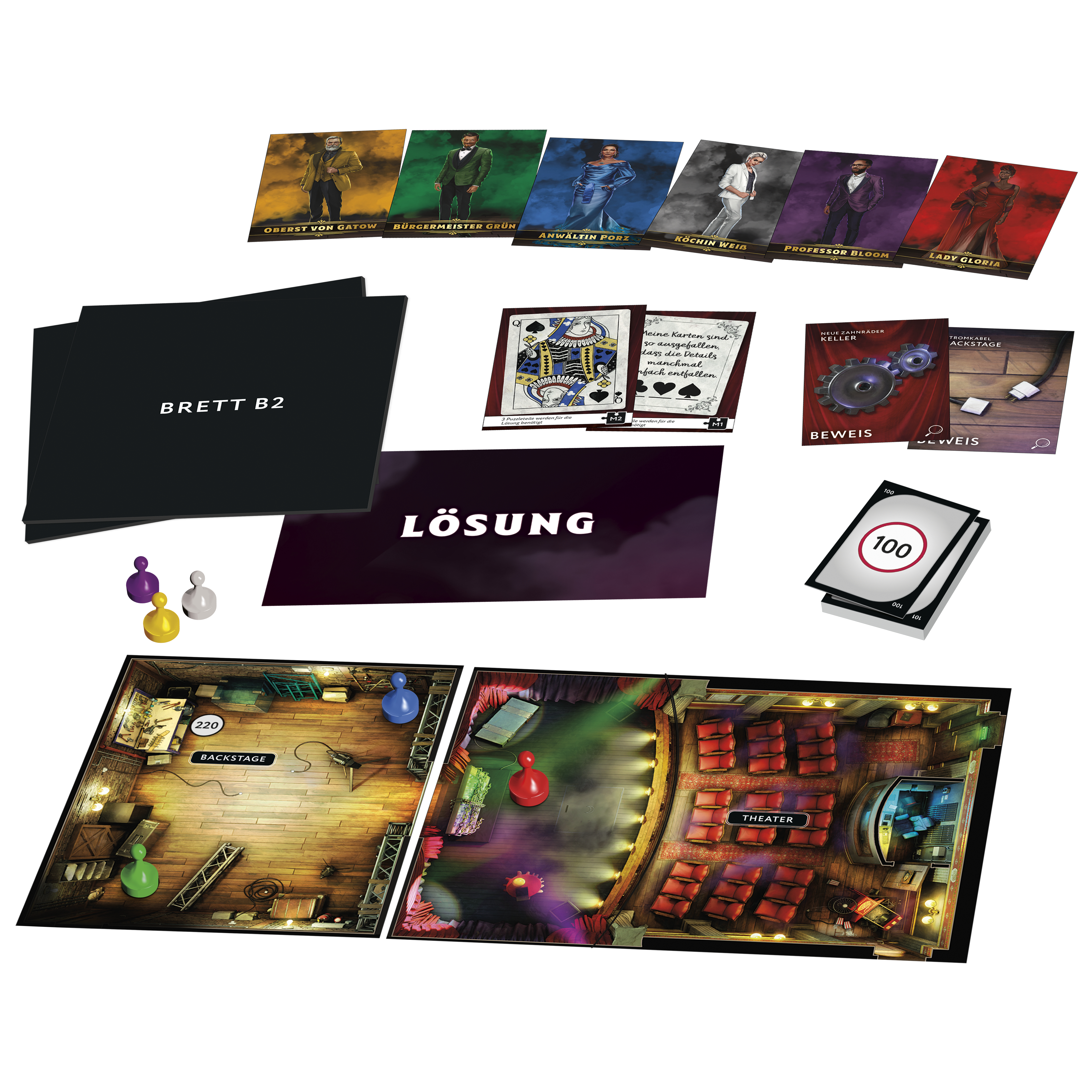 Cluedo Escape Spielkomponenten: ein Spielbrett, Karten und Spielfiguren werden angezeigt.