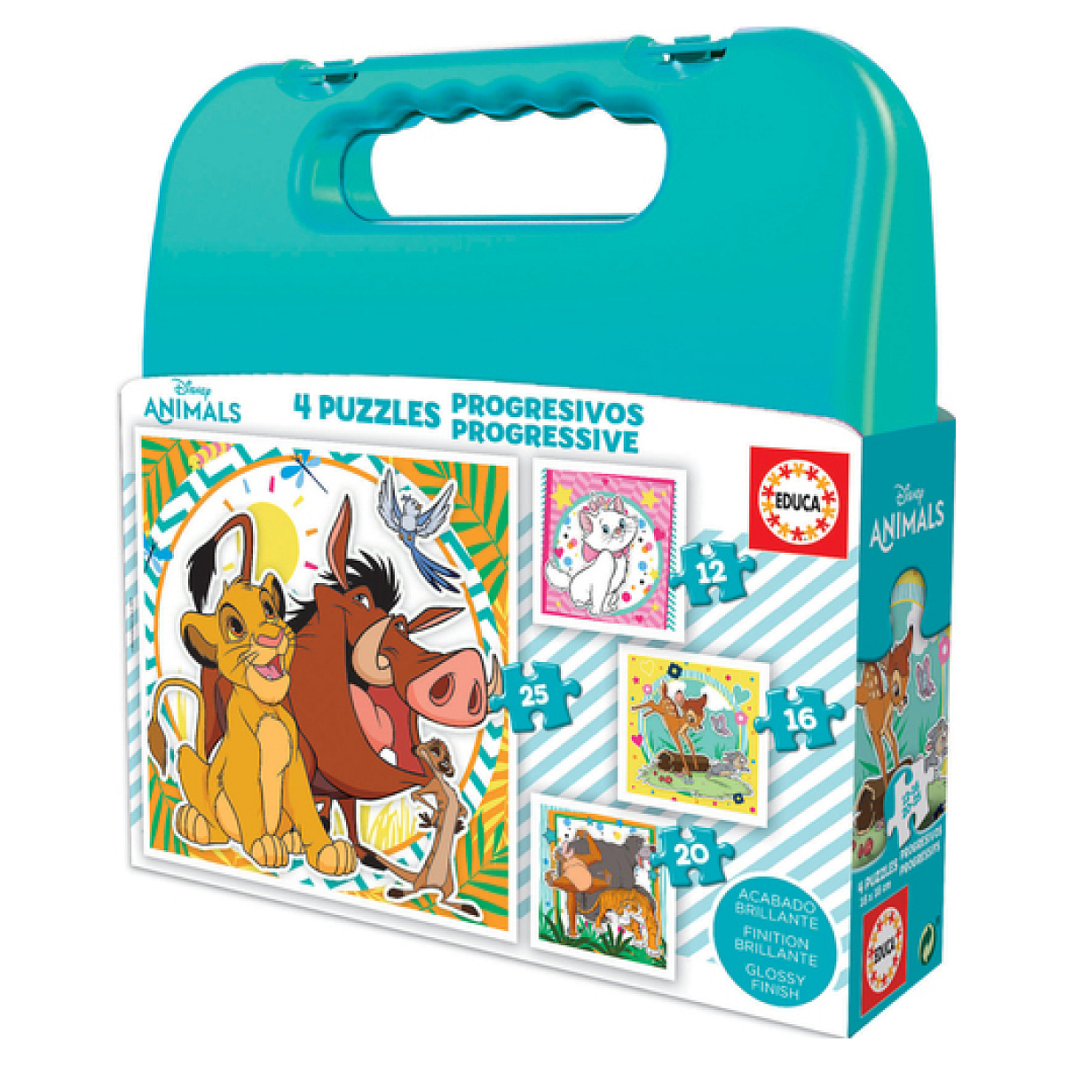 Pudełko z puzzlami progresywnymi Disney Animals z Simbą, Timonem, Pumbą i innymi zwierzętami. Zawiera 4 puzzle o różnych rozmiarach.