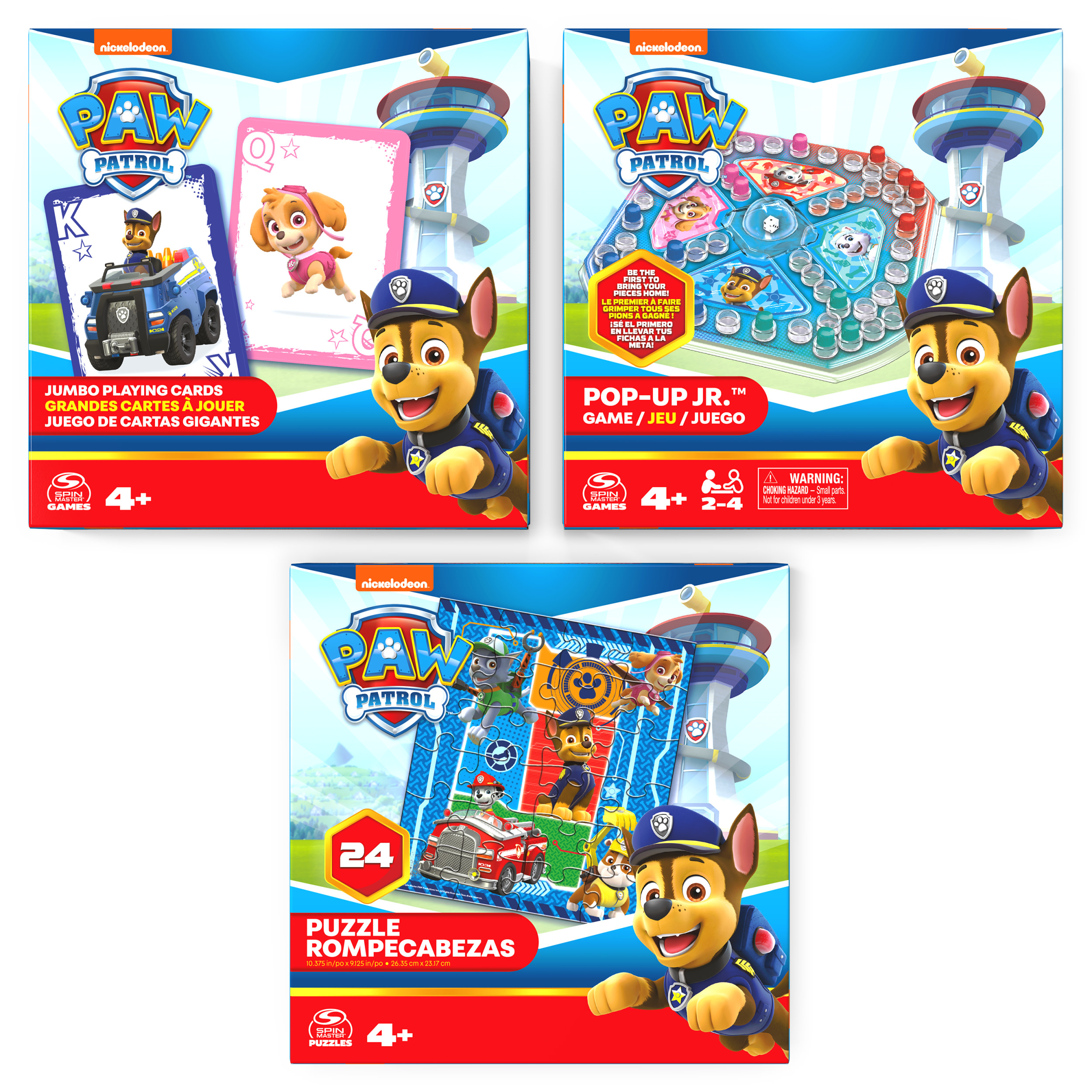 Drie Paw Patrol-dozen: kaartspel, puzzel en pop-up spel. Elke doos heeft Chase en Skye.
